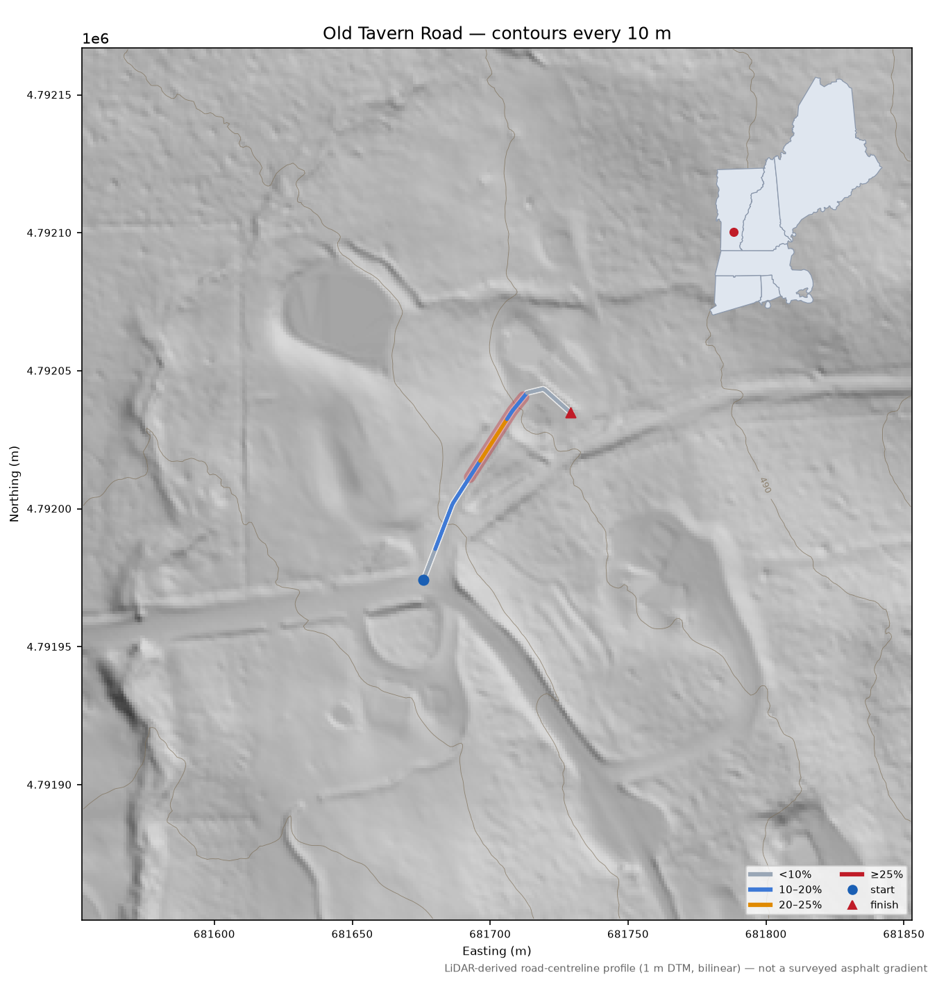 Old Tavern Road LiDAR hillshade map with contours