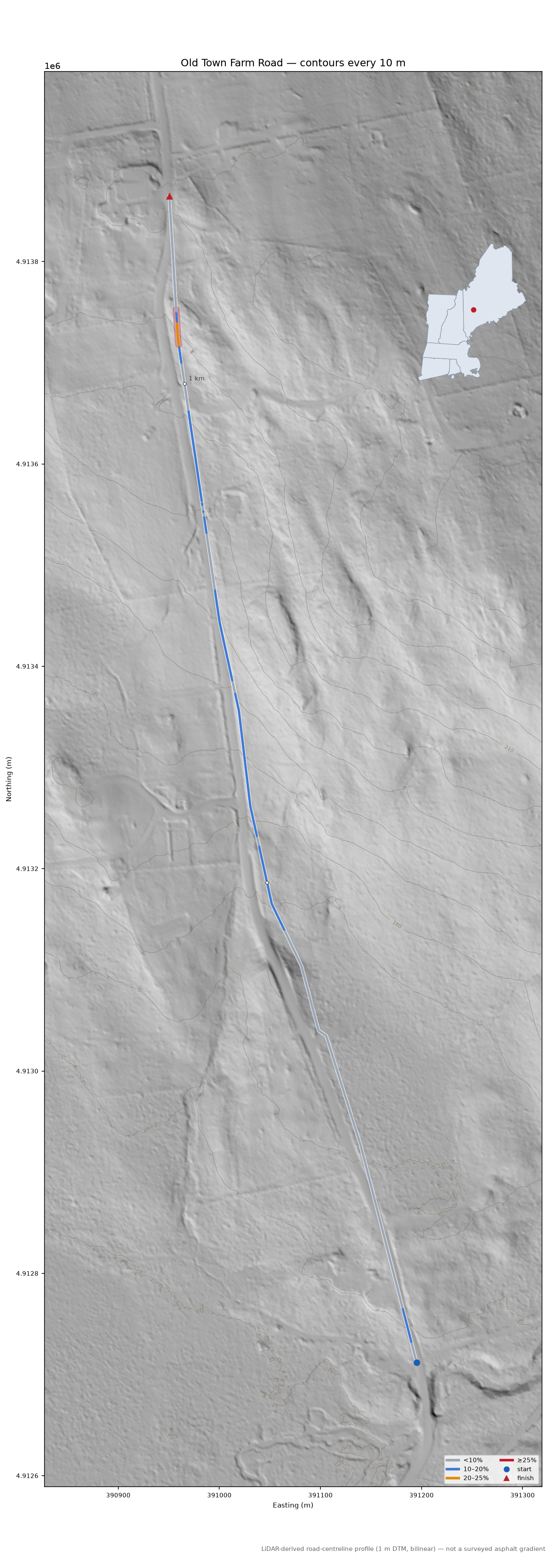 Old Town Farm Road LiDAR hillshade map with contours