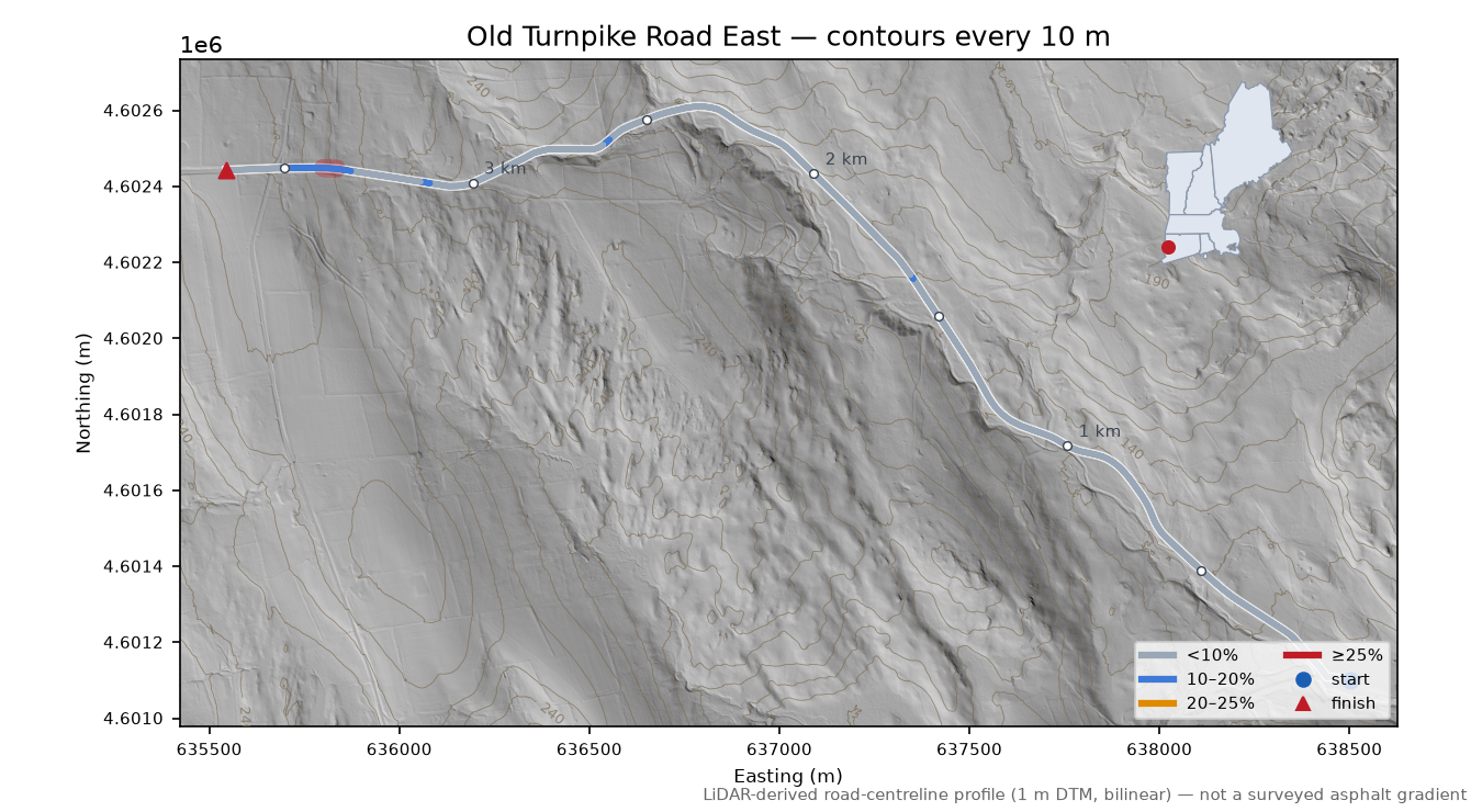 Old Turnpike Road East LiDAR hillshade map with contours
