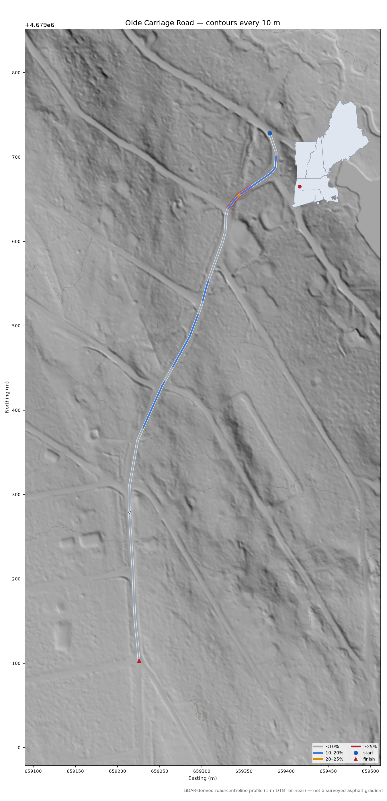 Olde Carriage Road LiDAR hillshade map with contours