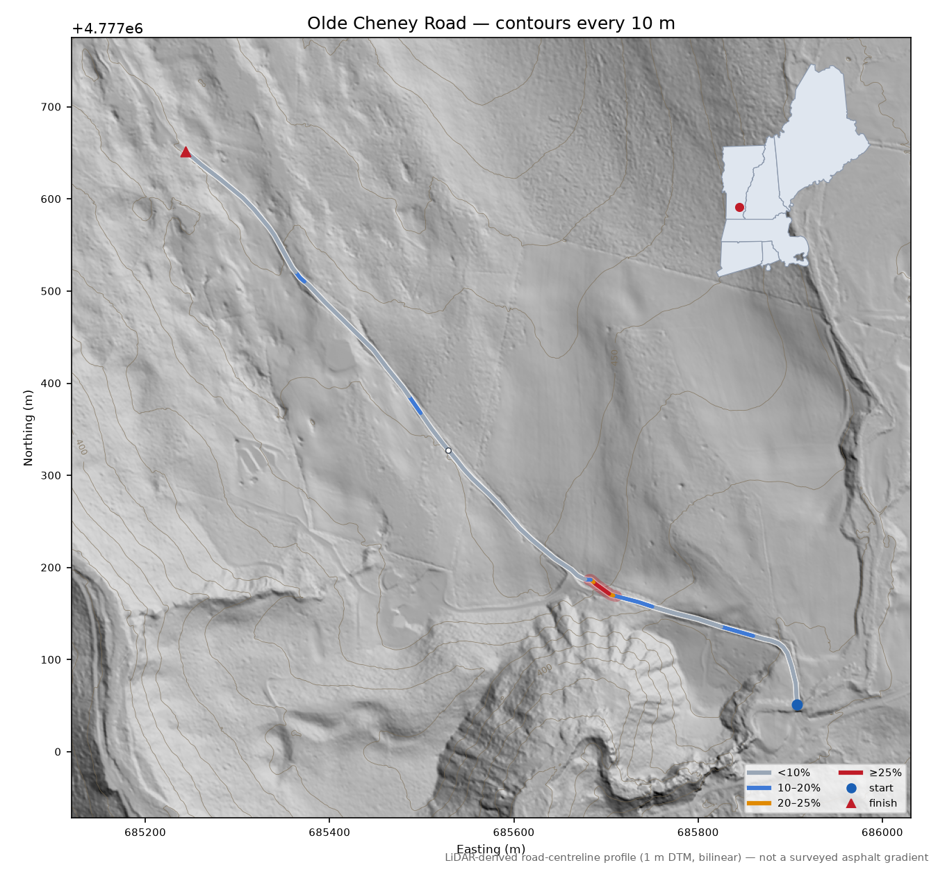 Olde Cheney Road LiDAR hillshade map with contours