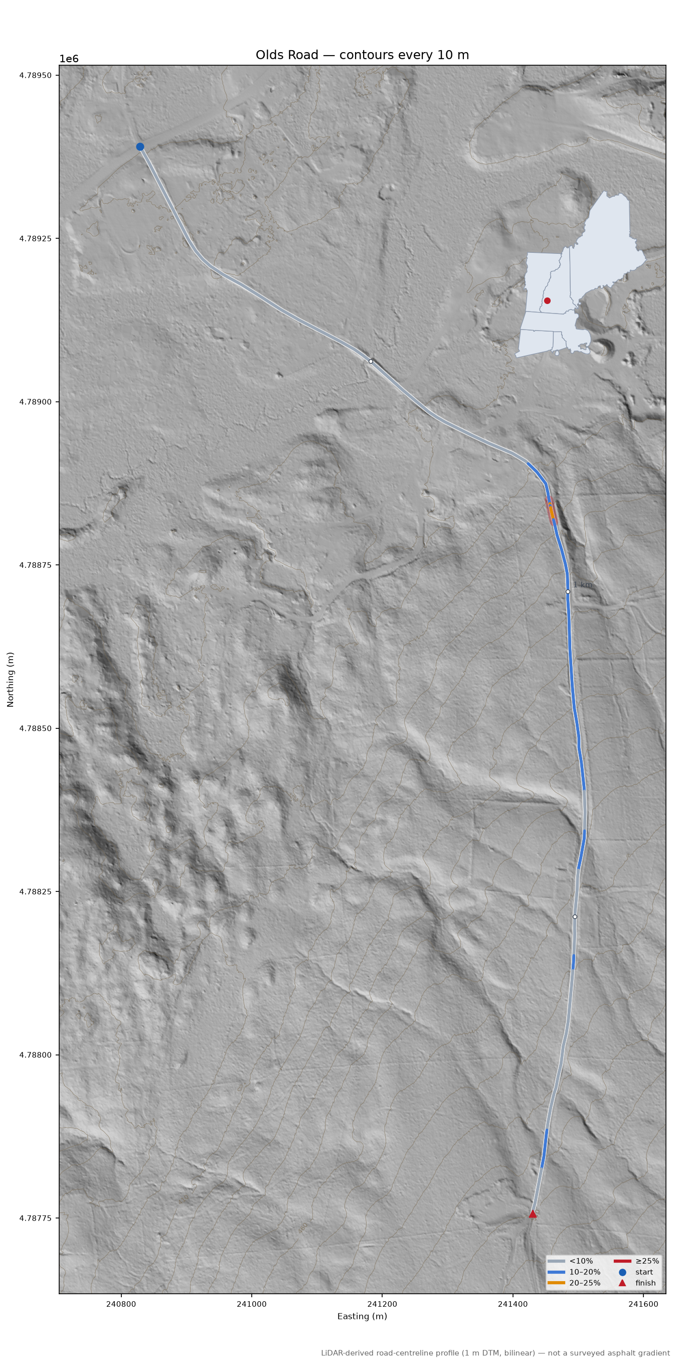 Olds Road LiDAR hillshade map with contours