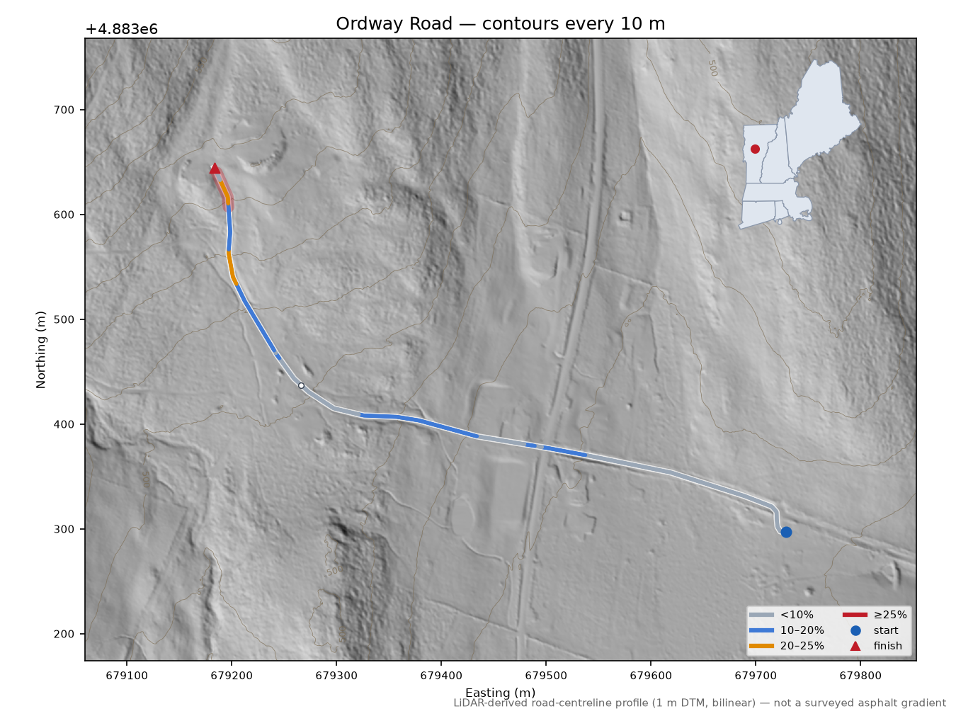 Ordway Road LiDAR hillshade map with contours
