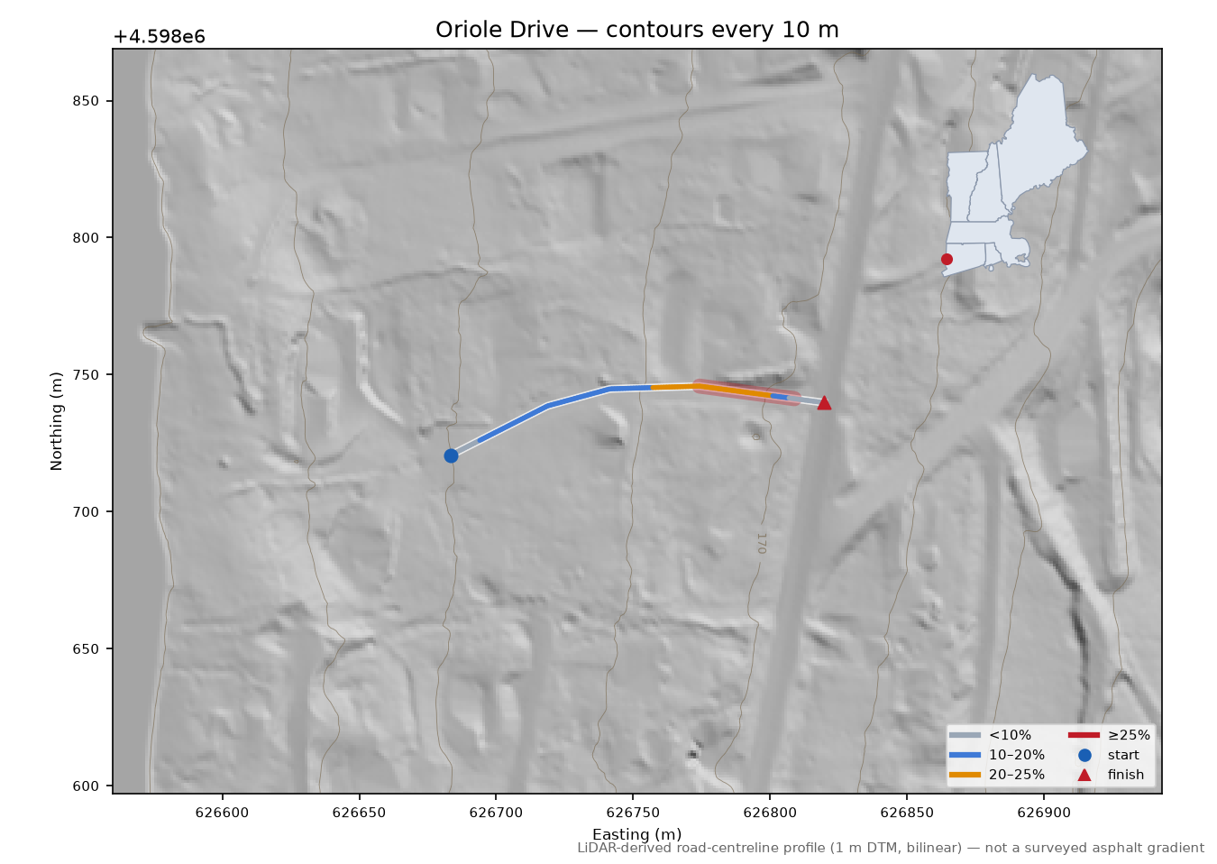 Oriole Drive LiDAR hillshade map with contours