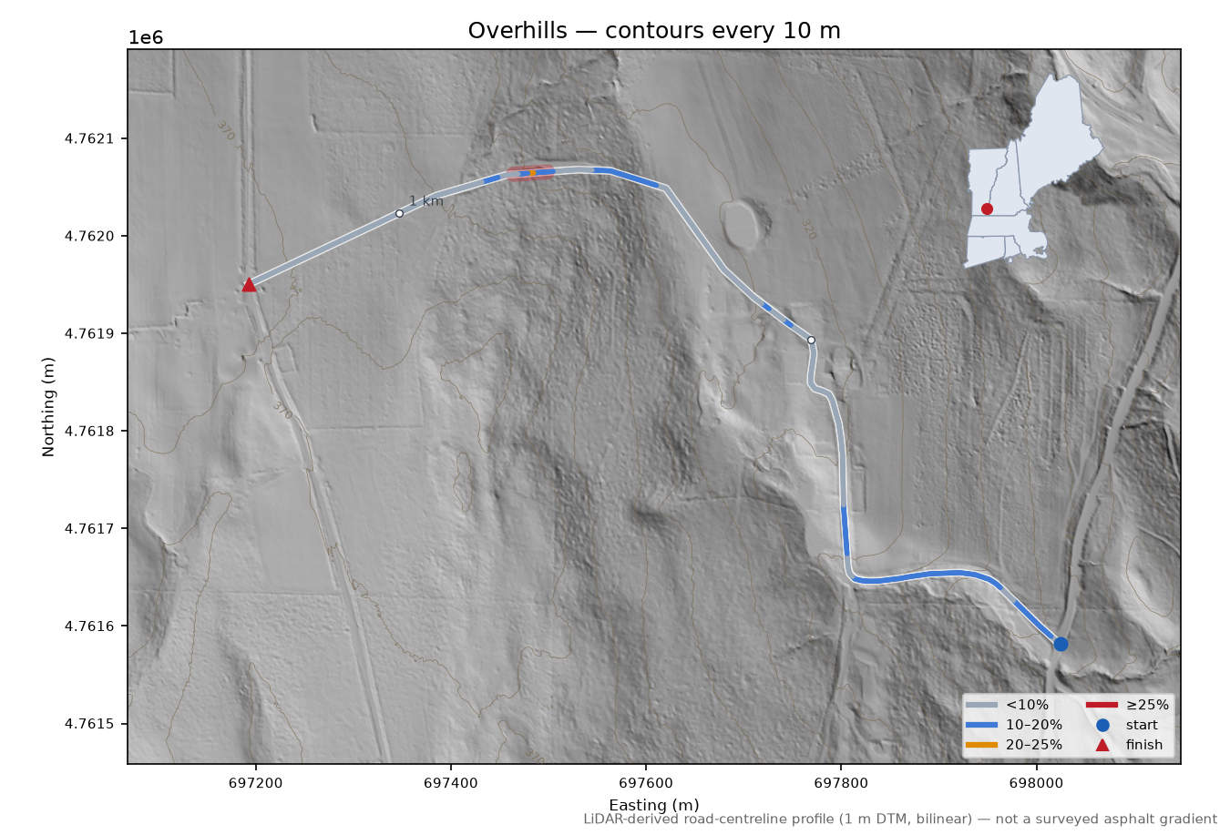Overhills LiDAR hillshade map with contours