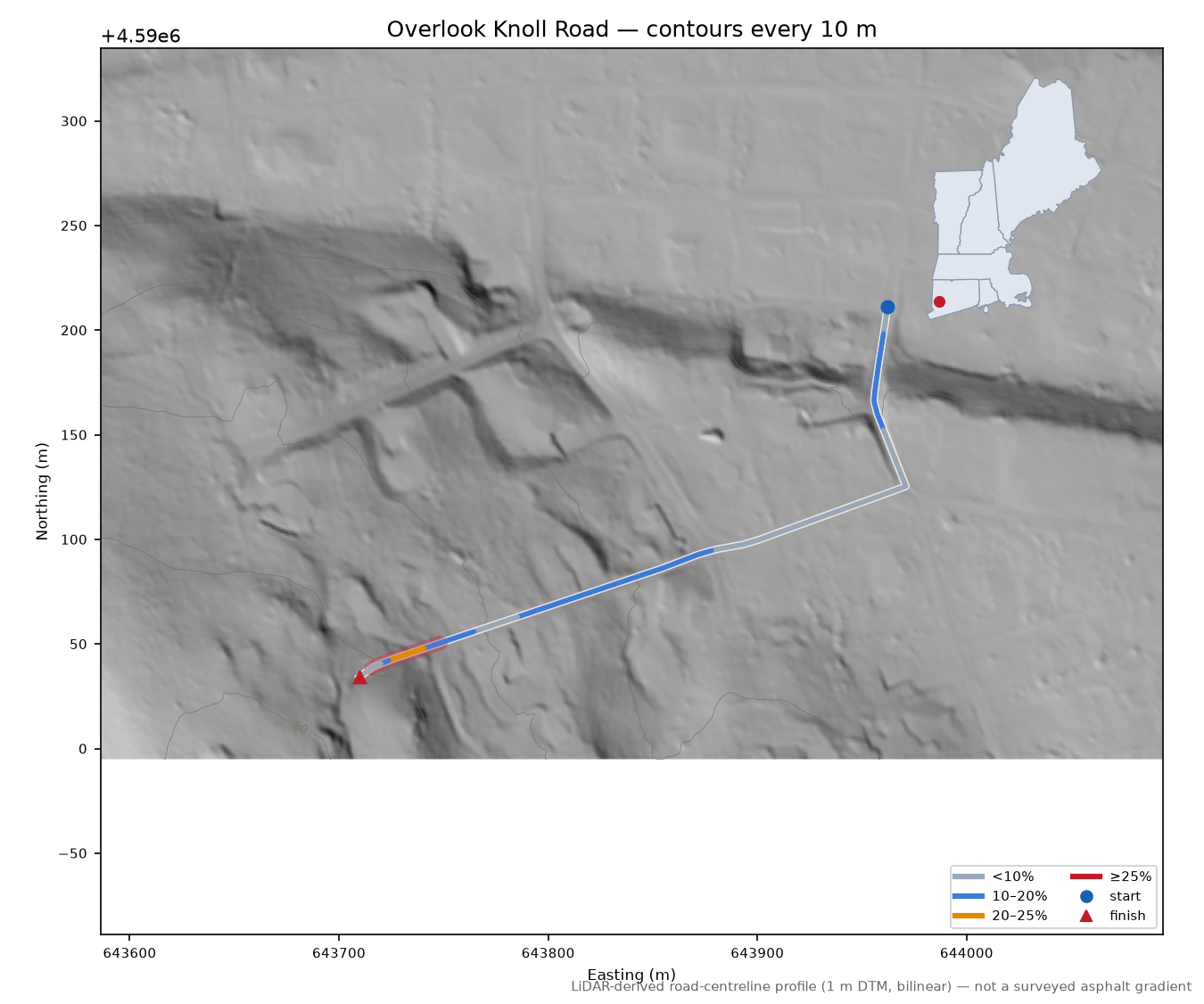 Overlook Knoll Road LiDAR hillshade map with contours