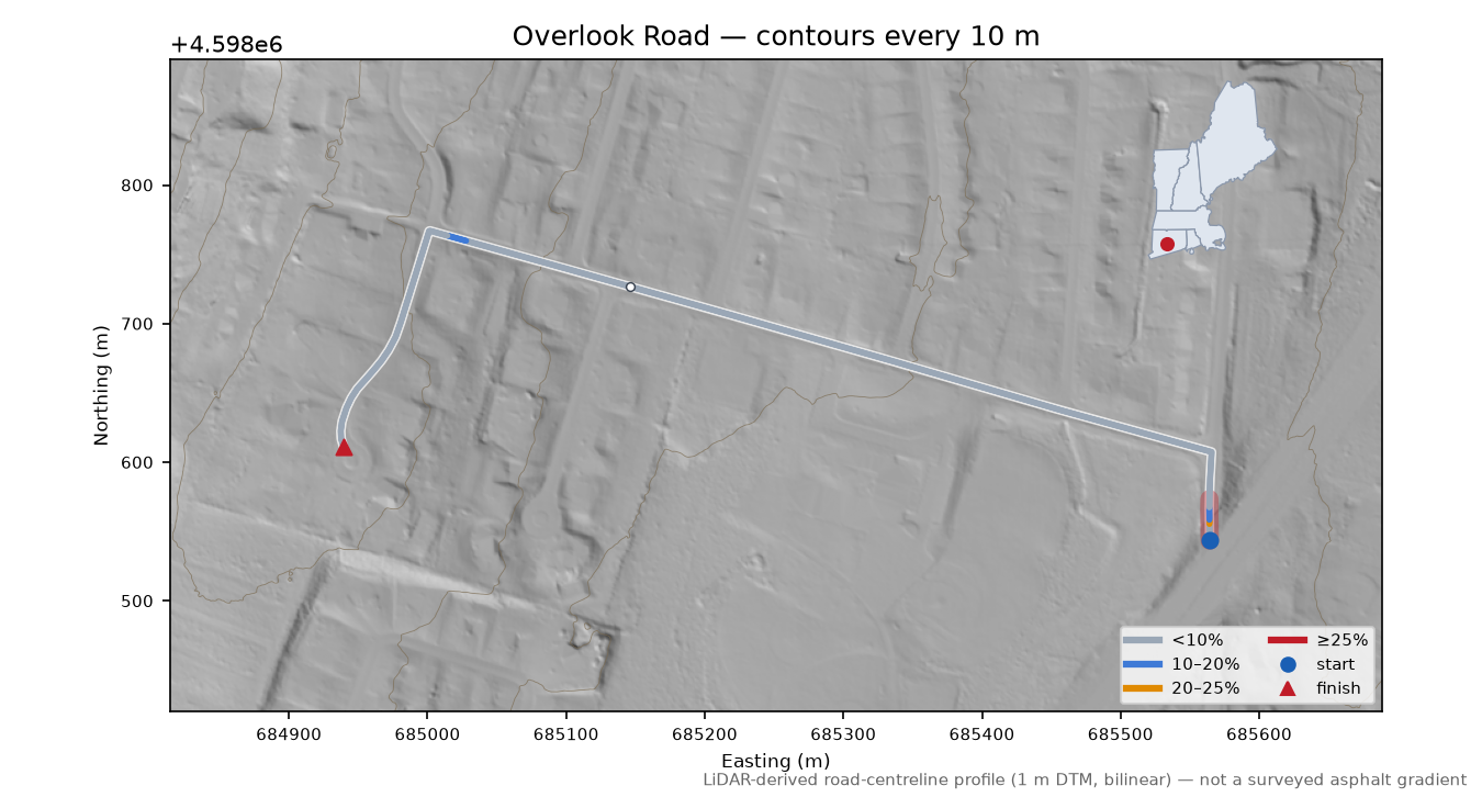 Overlook Road LiDAR hillshade map with contours