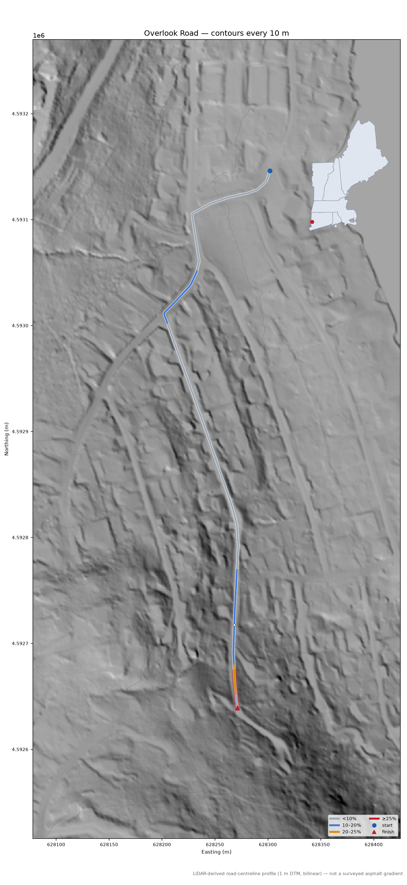 Overlook Road LiDAR hillshade map with contours