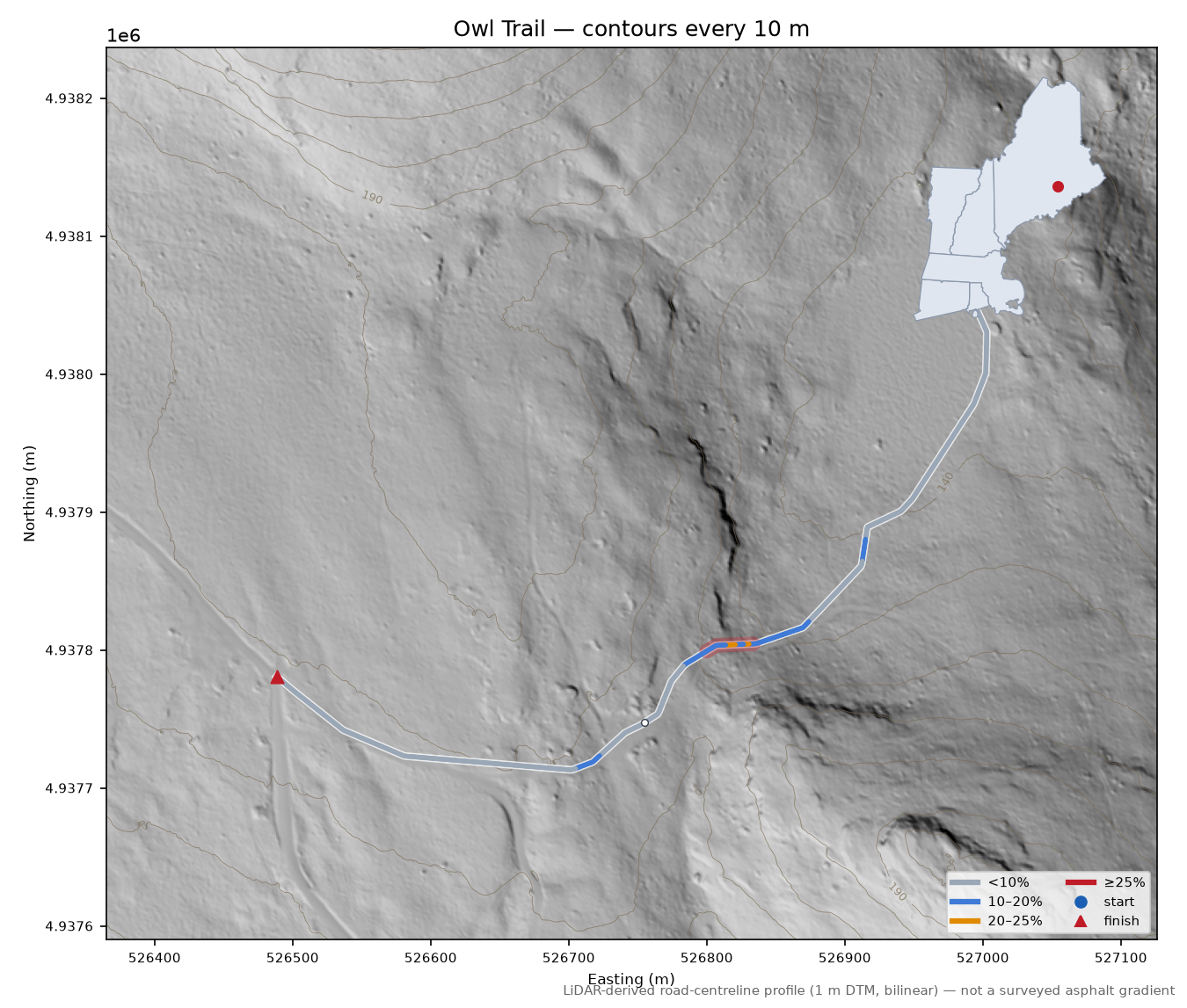Owl Trail LiDAR hillshade map with contours