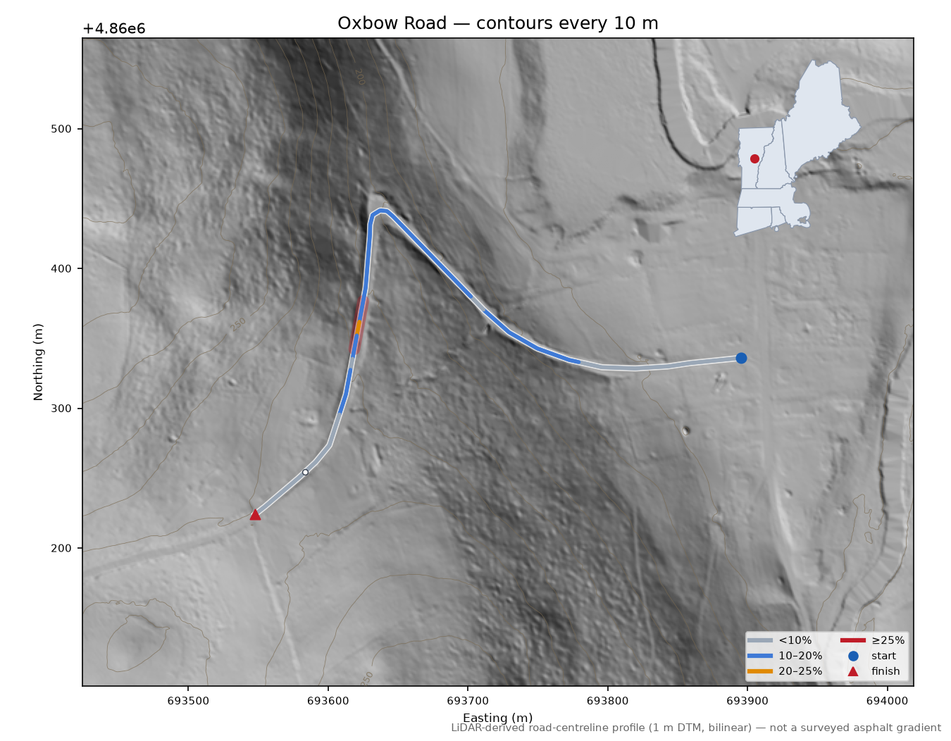 Oxbow Road LiDAR hillshade map with contours
