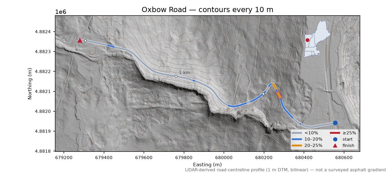 Oxbow Road LiDAR hillshade map with contours