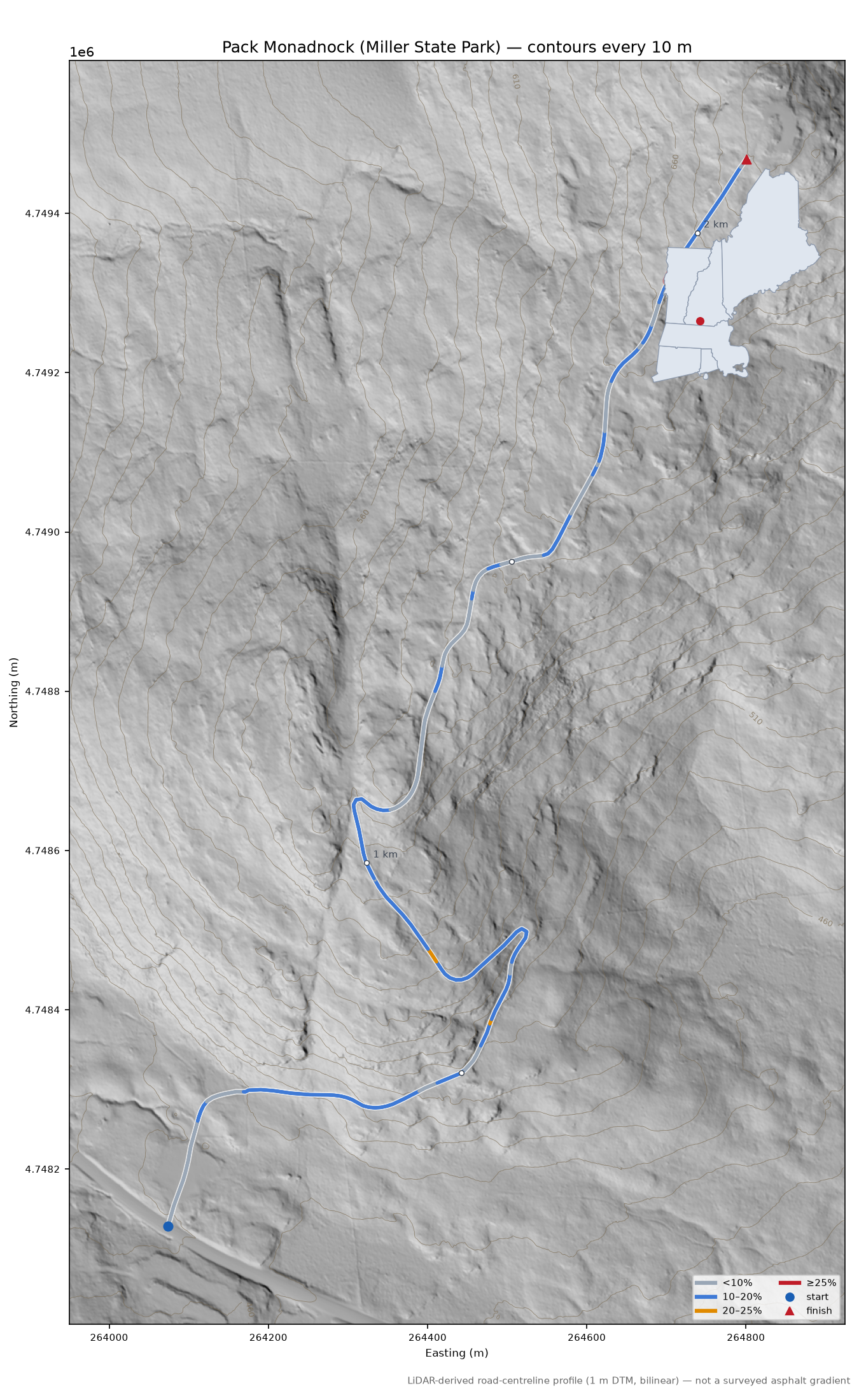 Pack Monadnock (Miller State Park) LiDAR hillshade map with contours