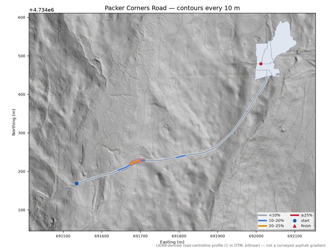 Packer Corners Road LiDAR hillshade map with contours