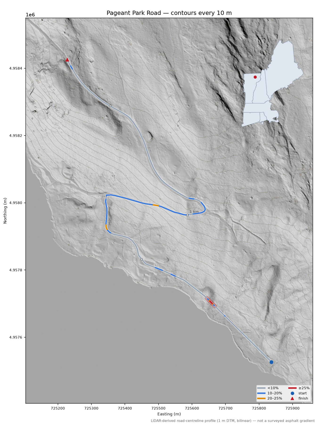 Pageant Park Road LiDAR hillshade map with contours