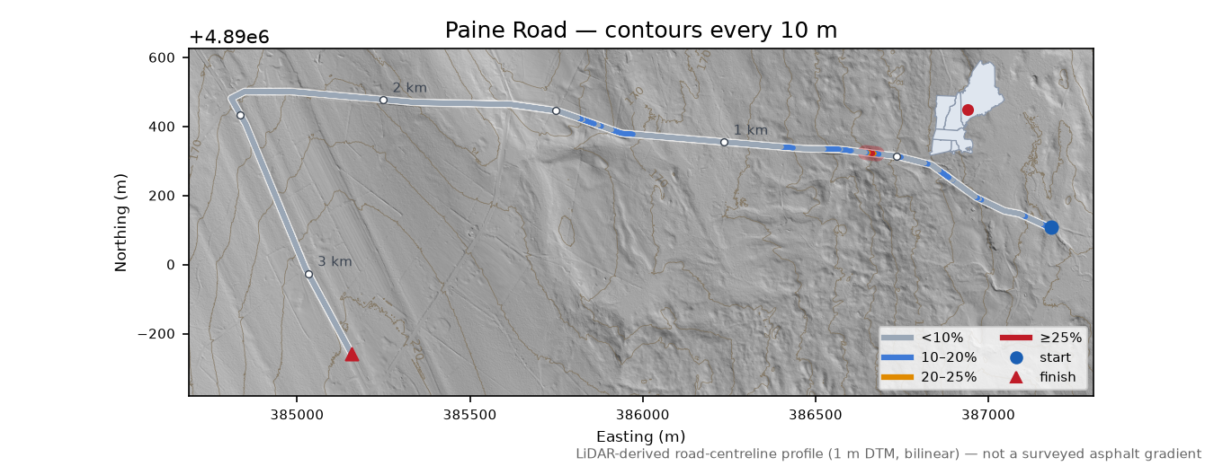 Paine Road LiDAR hillshade map with contours