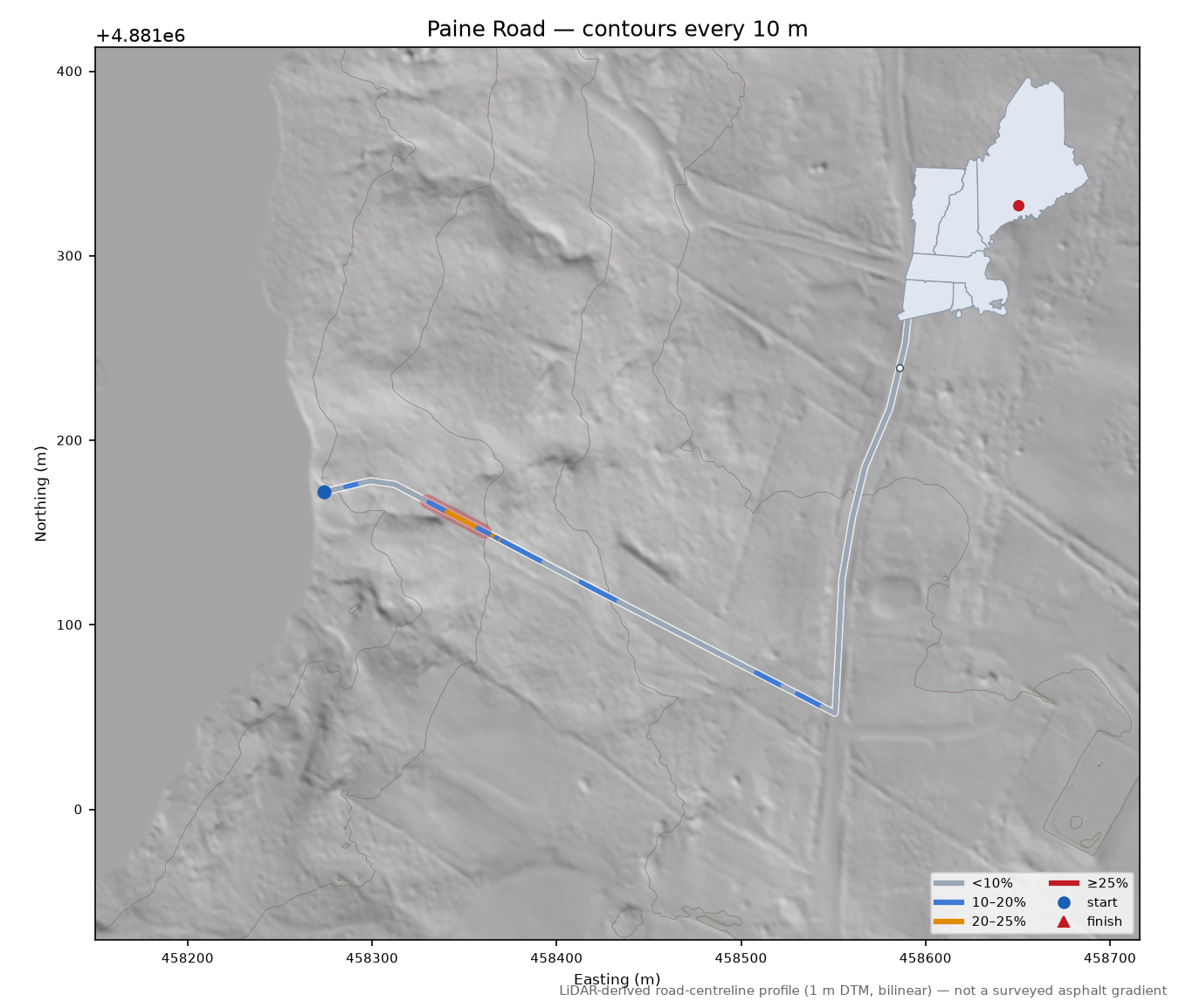 Paine Road LiDAR hillshade map with contours