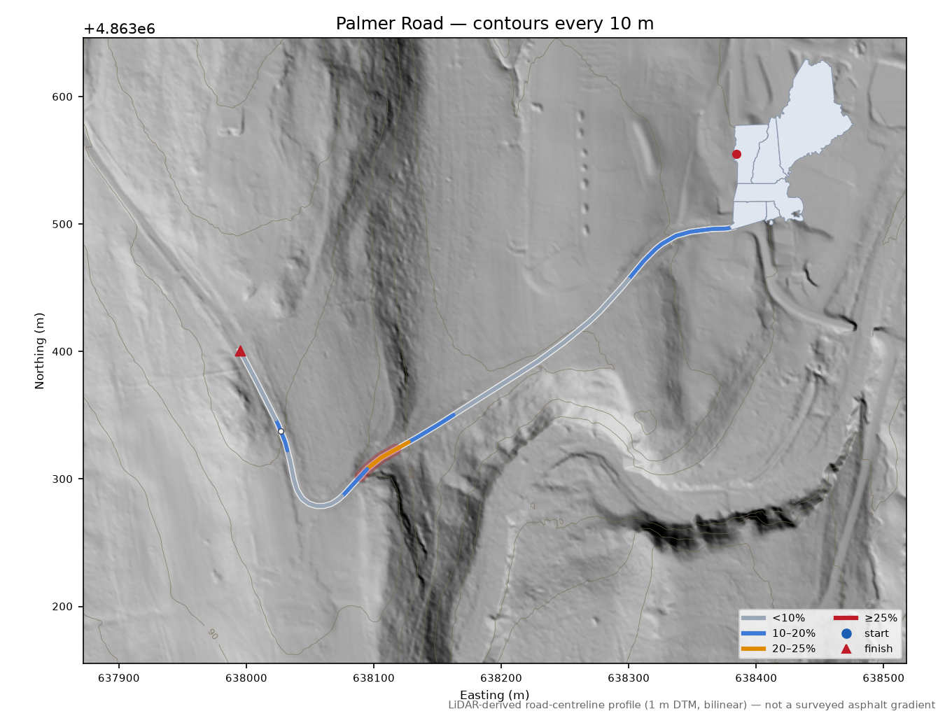 Palmer Road LiDAR hillshade map with contours