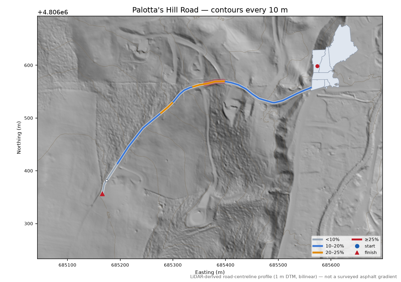 Palotta's Hill Road LiDAR hillshade map with contours