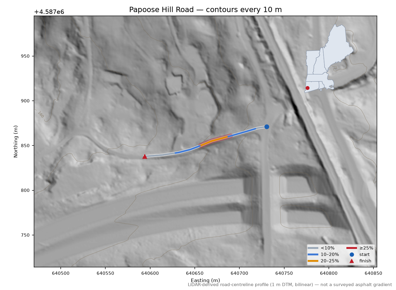 Papoose Hill Road LiDAR hillshade map with contours