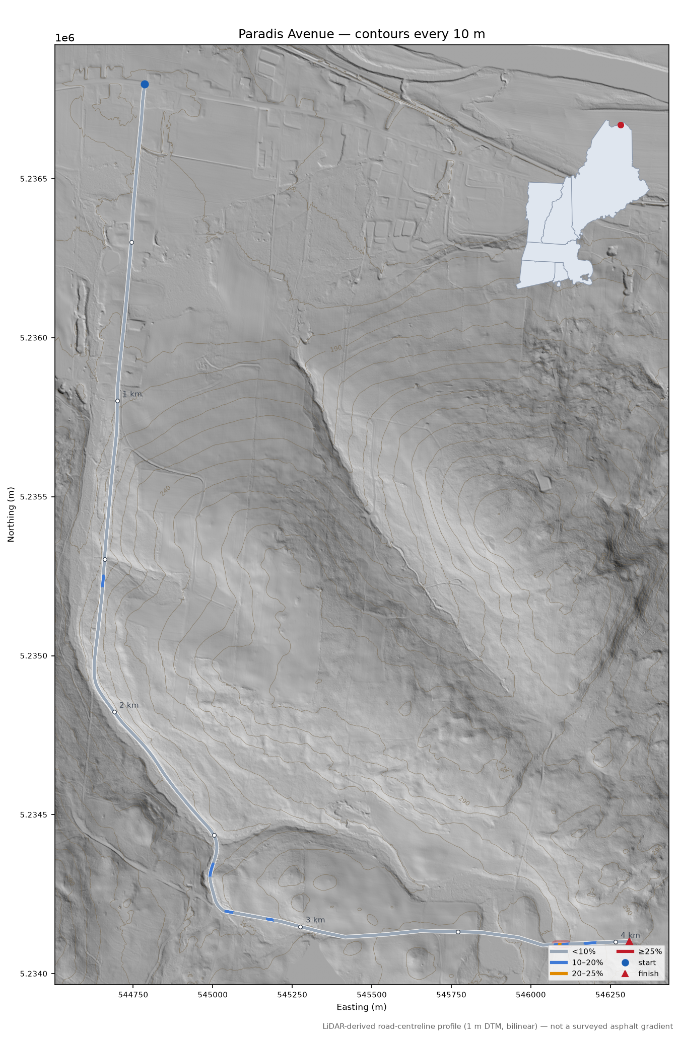 Paradis Avenue LiDAR hillshade map with contours