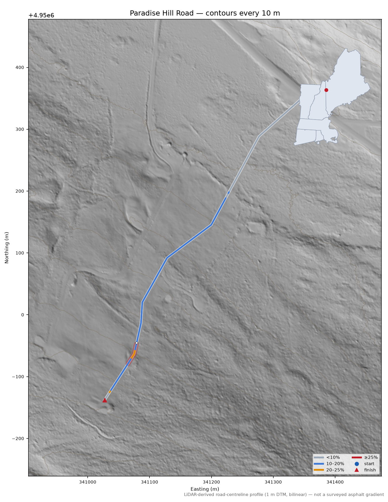 Paradise Hill Road LiDAR hillshade map with contours