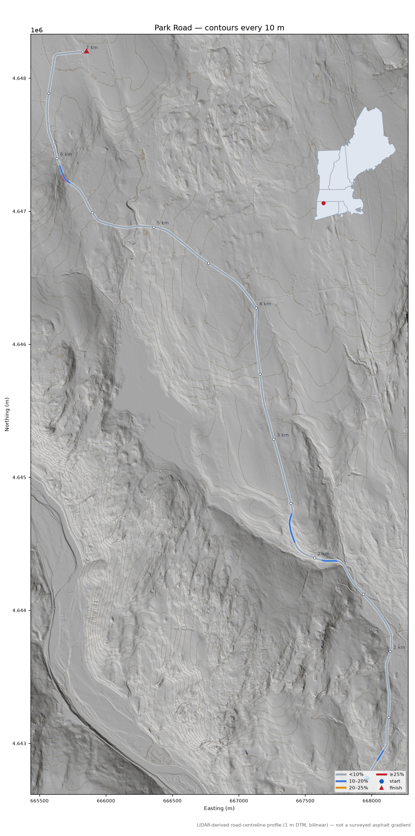 Park Road LiDAR hillshade map with contours