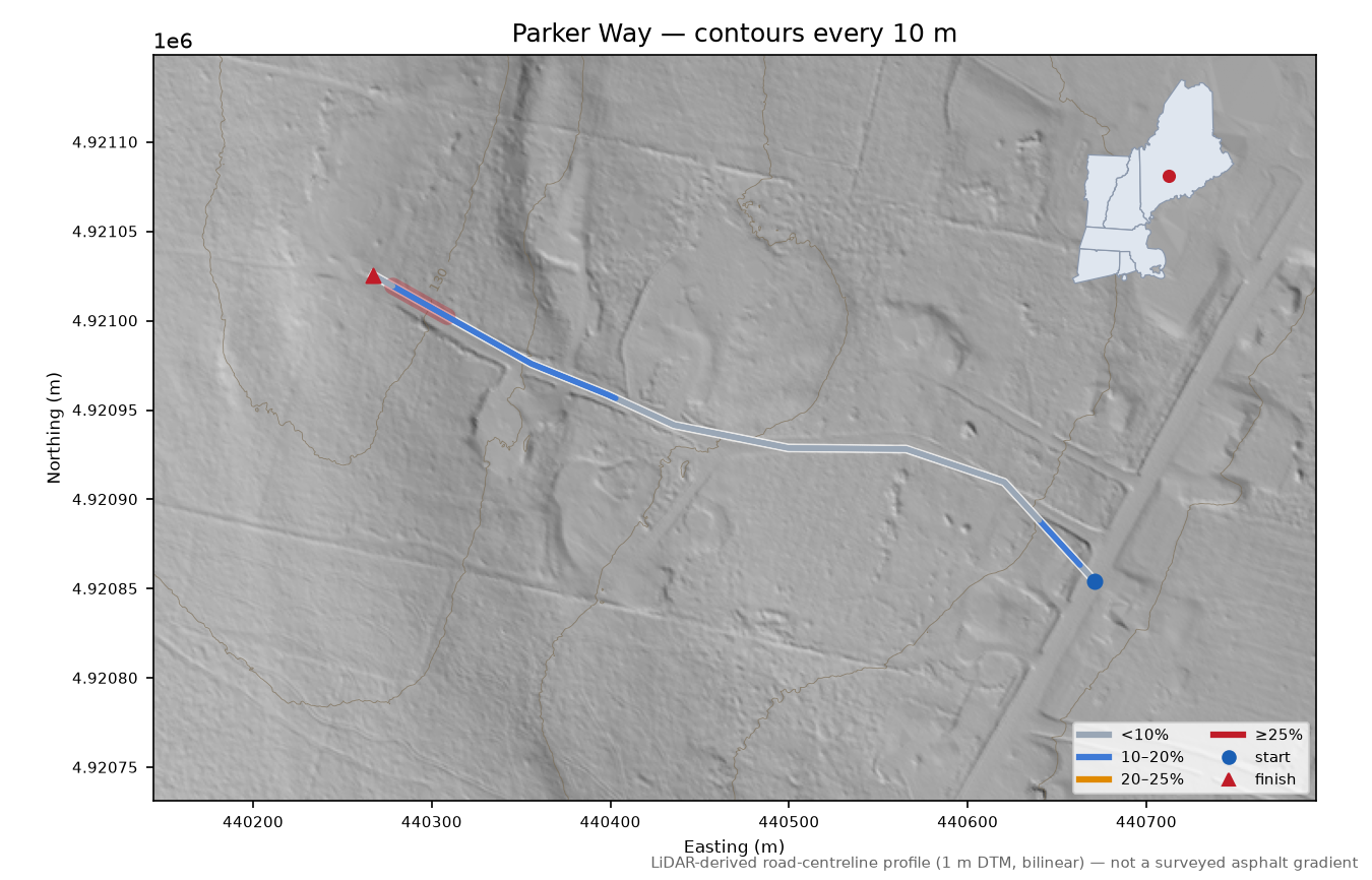 Parker Way LiDAR hillshade map with contours
