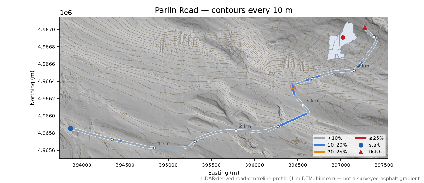 Parlin Road LiDAR hillshade map with contours