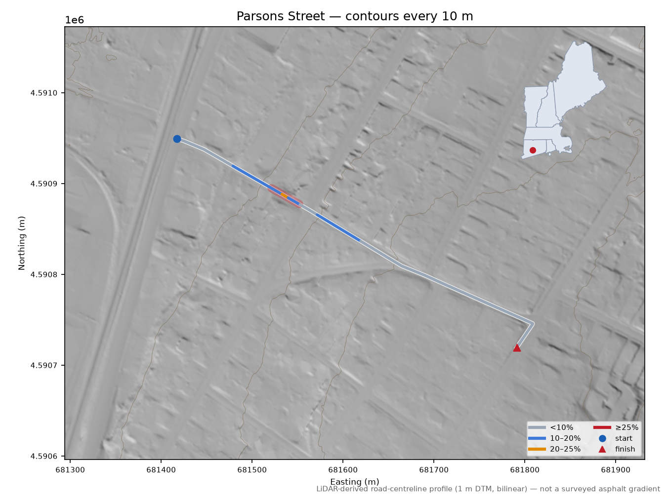 Parsons Street LiDAR hillshade map with contours