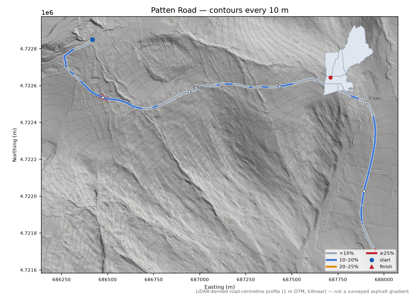 Patten Road LiDAR hillshade map with contours