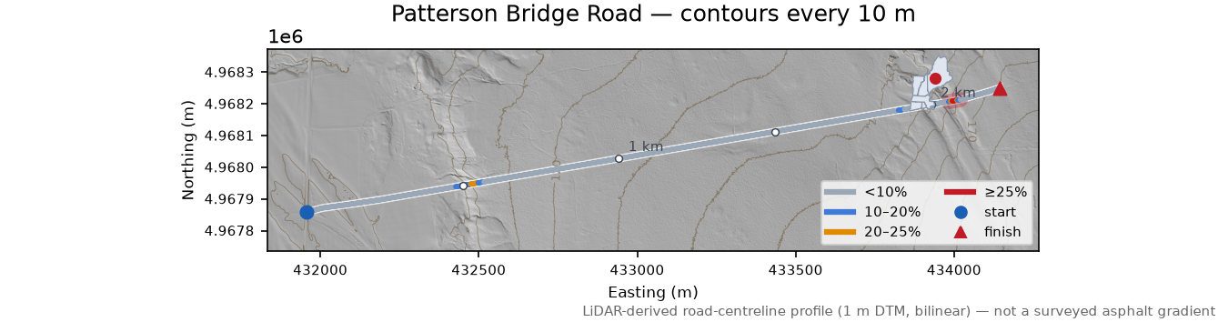 Patterson Bridge Road LiDAR hillshade map with contours