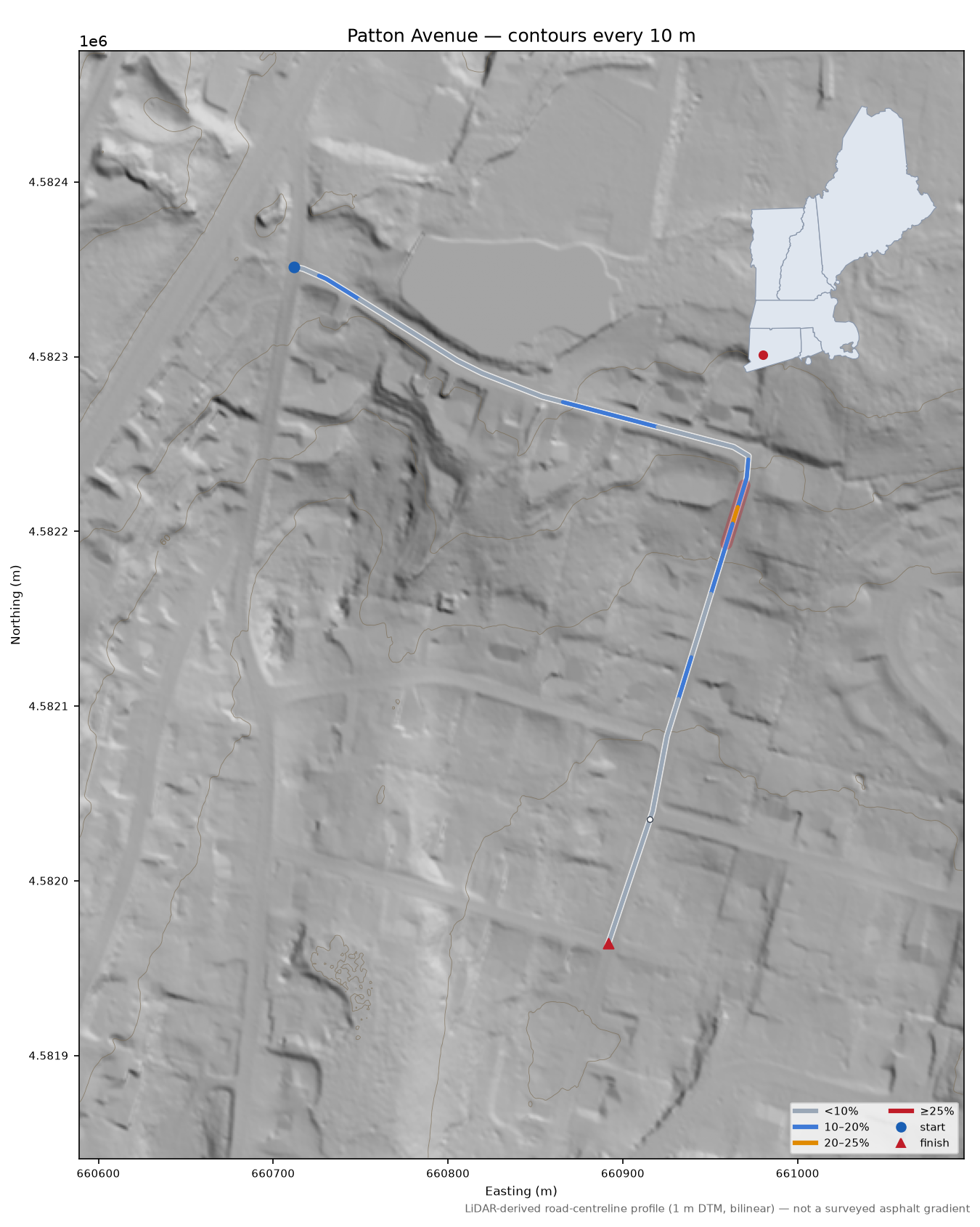 Patton Avenue LiDAR hillshade map with contours