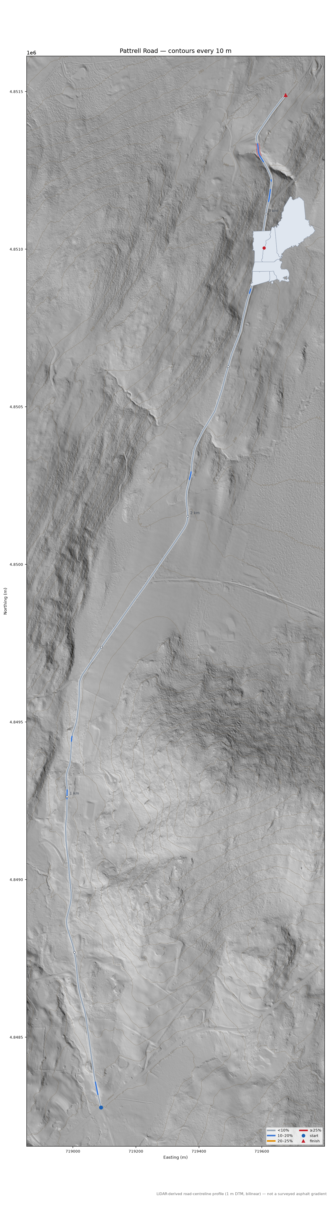 Pattrell Road LiDAR hillshade map with contours