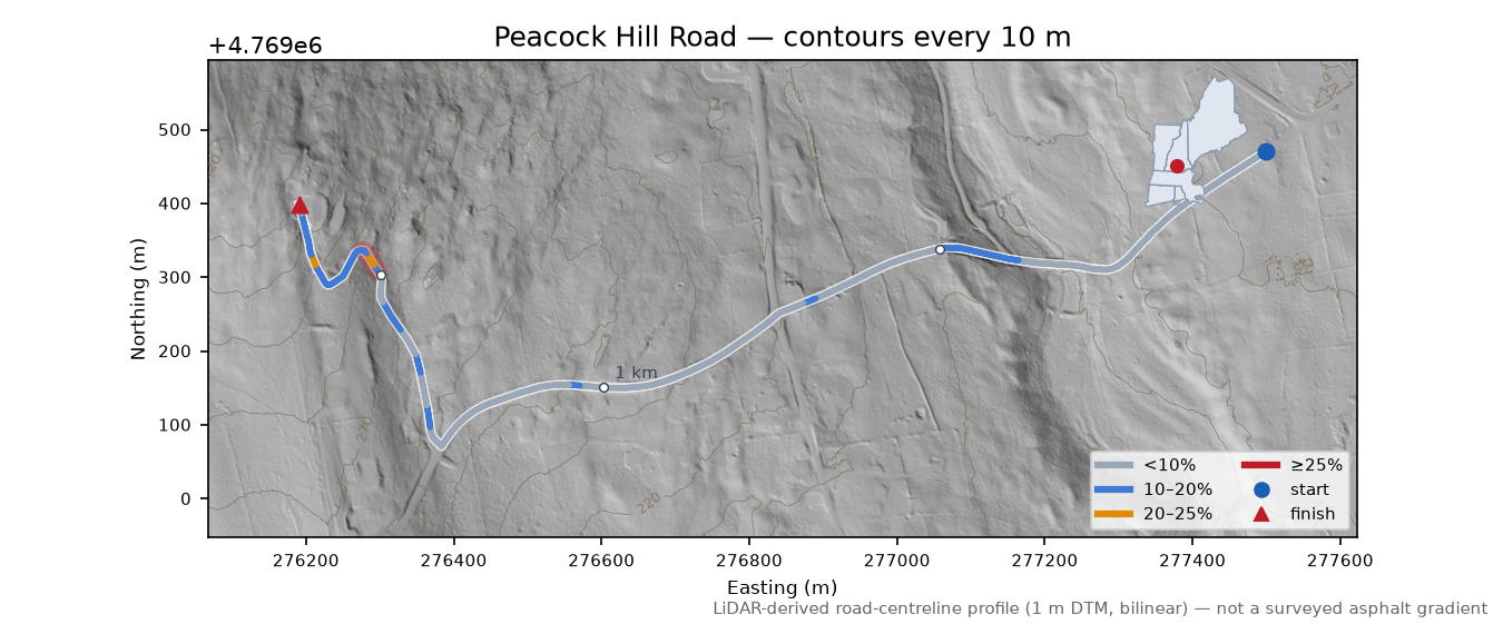 Peacock Hill Road LiDAR hillshade map with contours