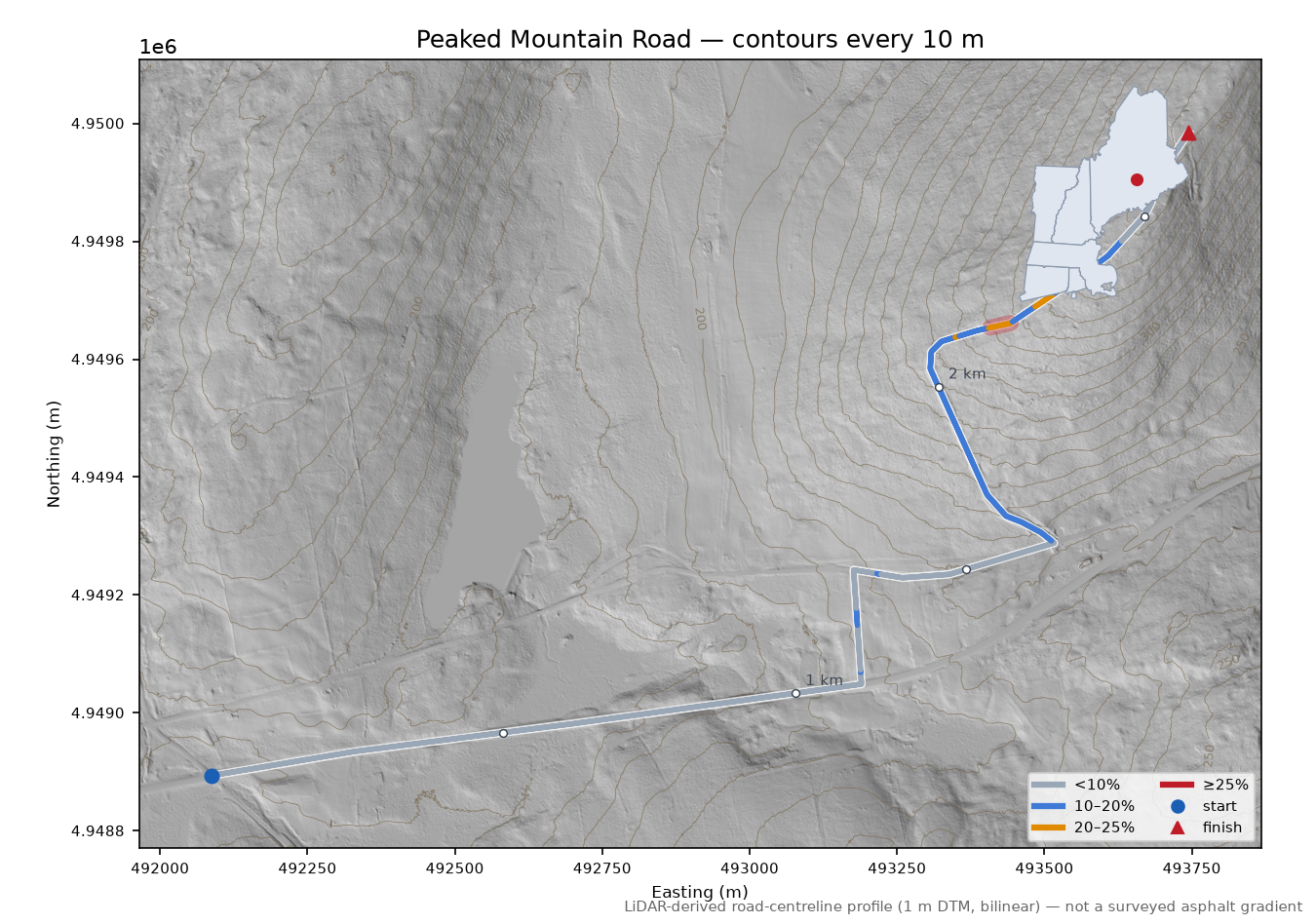 Peaked Mountain Road LiDAR hillshade map with contours