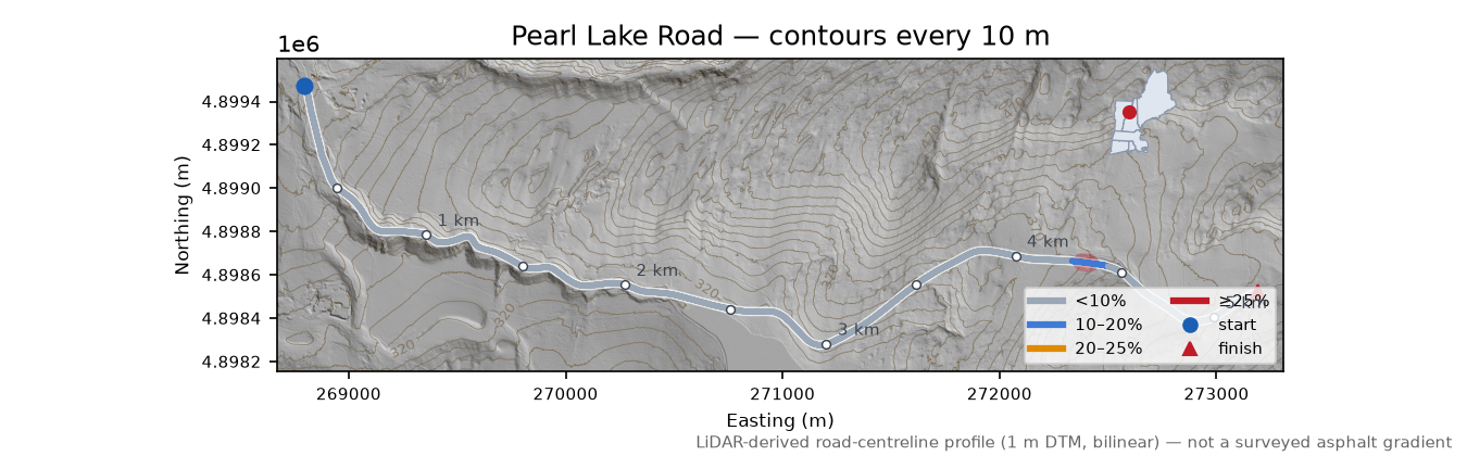 Pearl Lake Road LiDAR hillshade map with contours