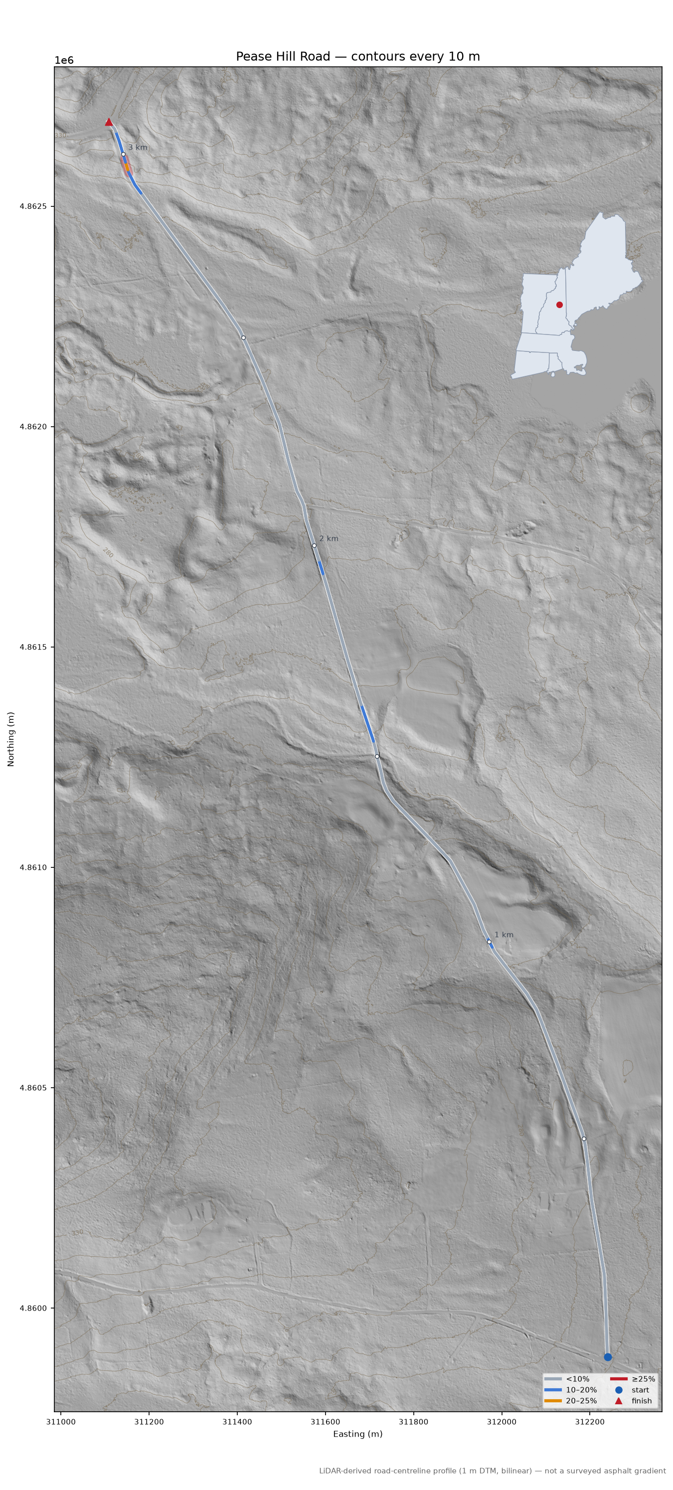Pease Hill Road LiDAR hillshade map with contours
