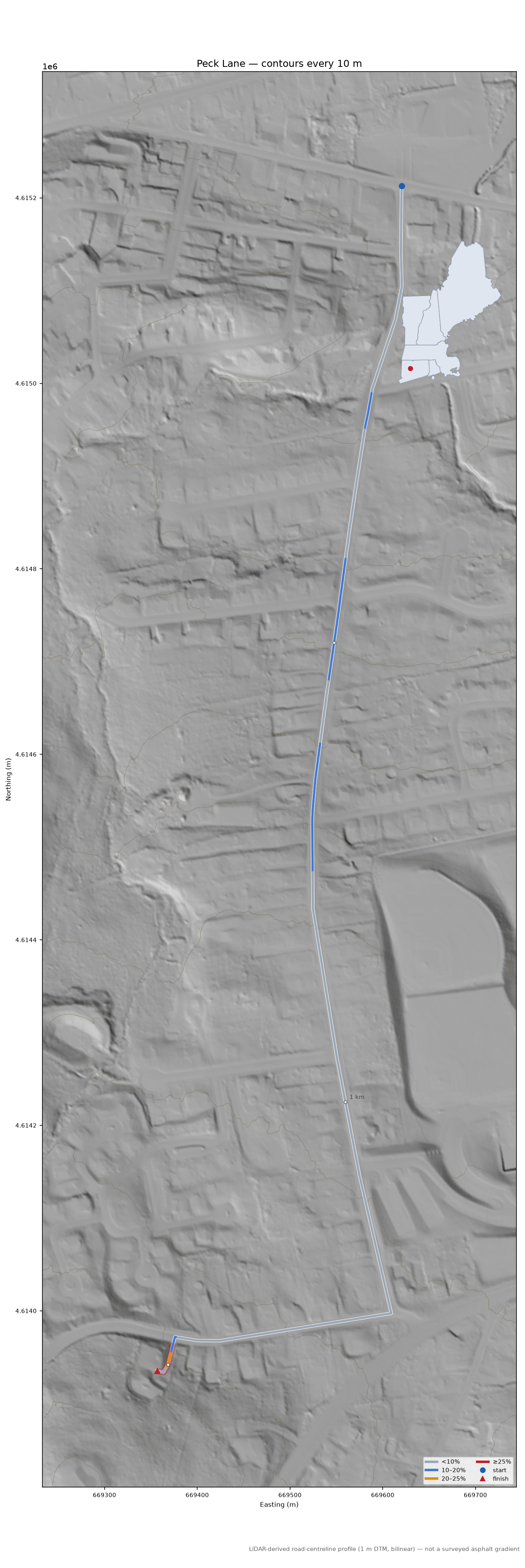 Peck Lane LiDAR hillshade map with contours