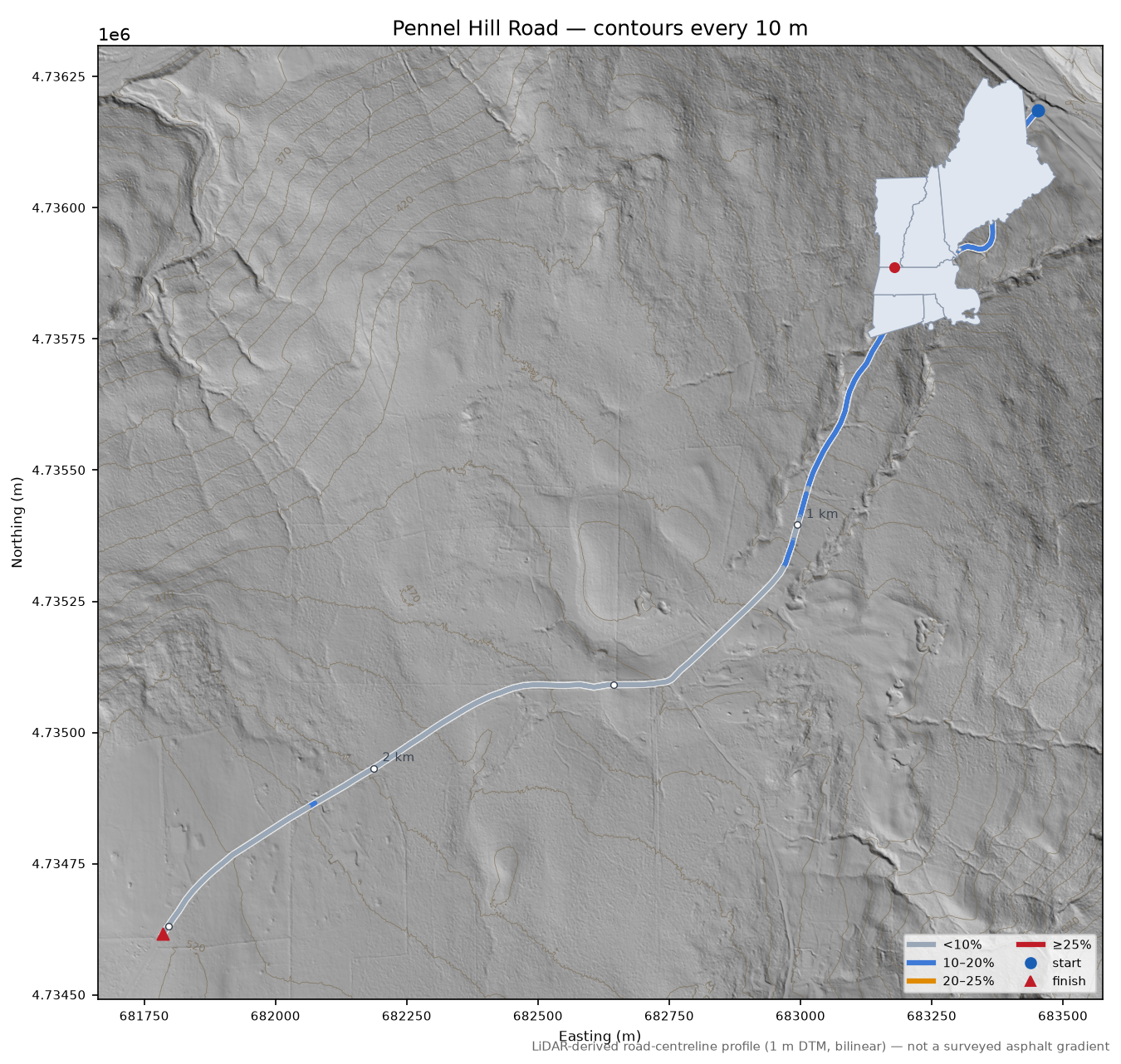Pennel Hill Road LiDAR hillshade map with contours