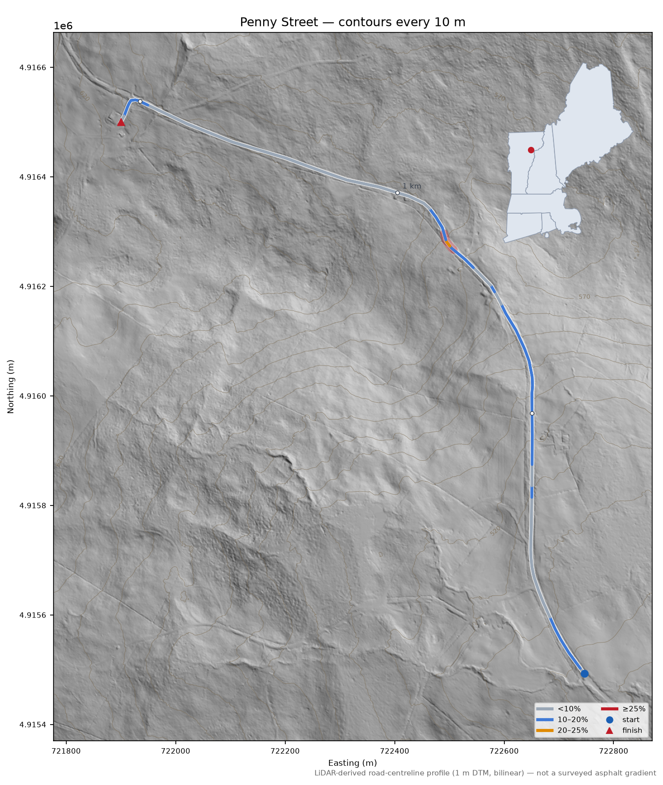 Penny Street LiDAR hillshade map with contours