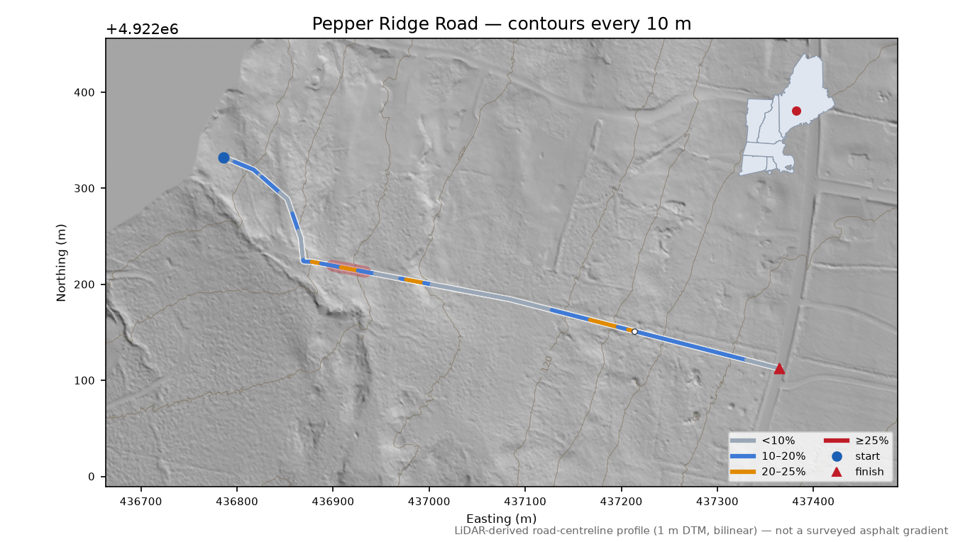 Pepper Ridge Road LiDAR hillshade map with contours