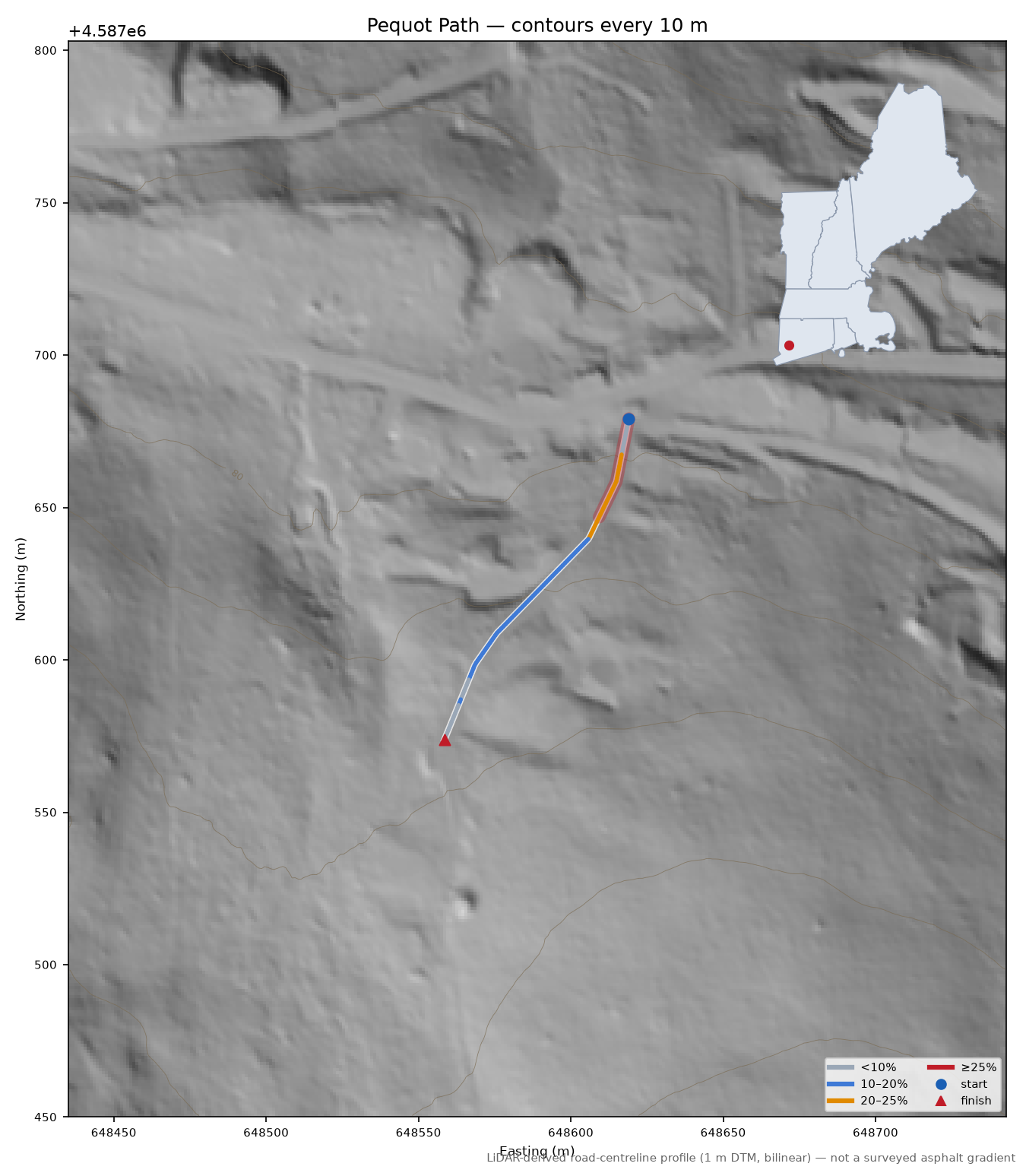 Pequot Path LiDAR hillshade map with contours