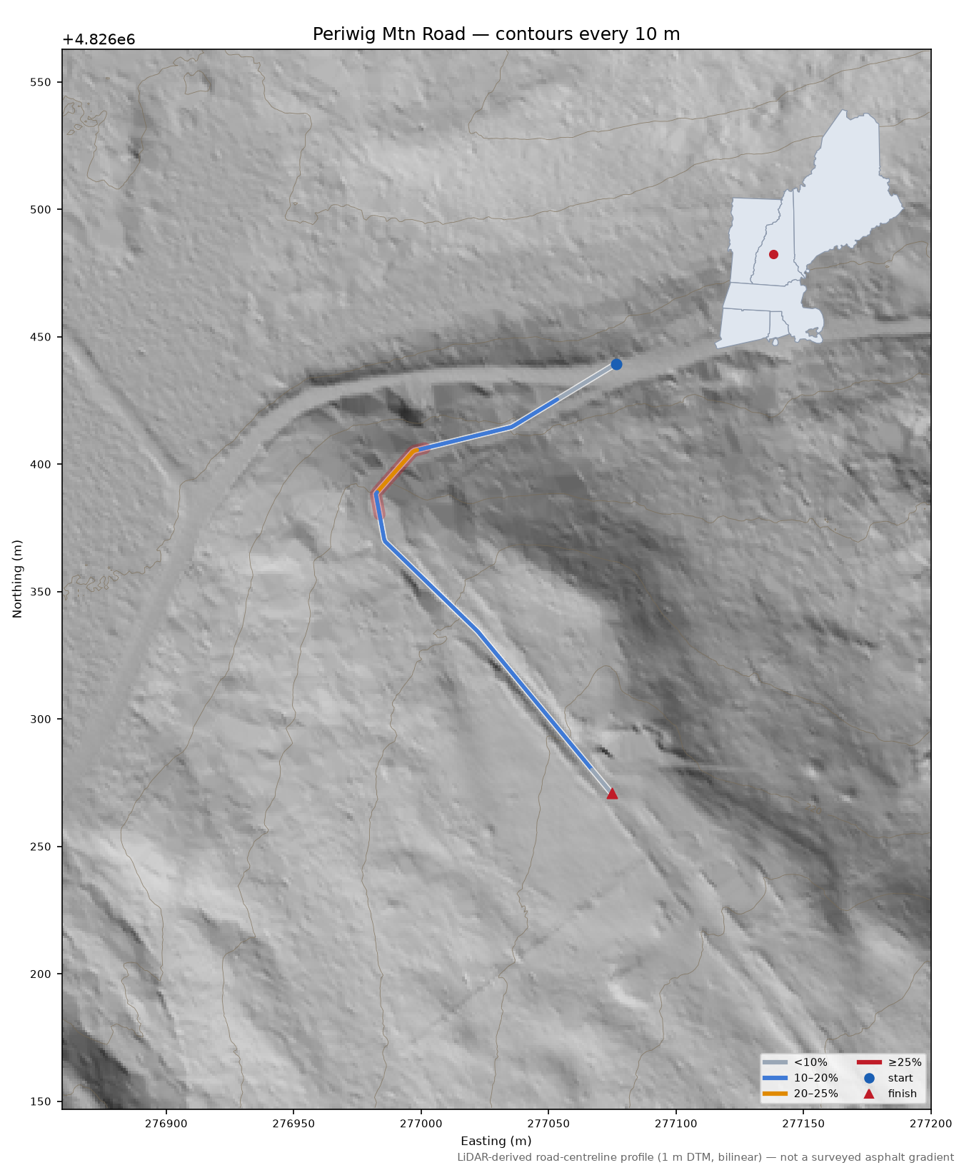 Periwig Mtn Road LiDAR hillshade map with contours