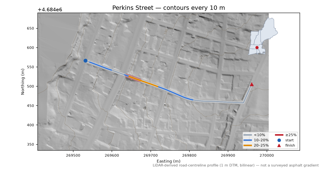 Perkins Street LiDAR hillshade map with contours