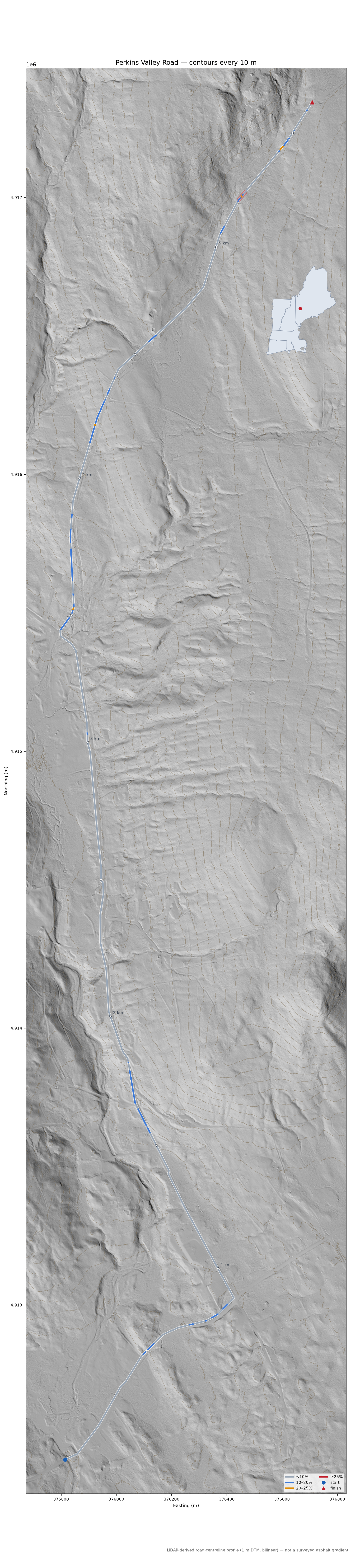 Perkins Valley Road LiDAR hillshade map with contours