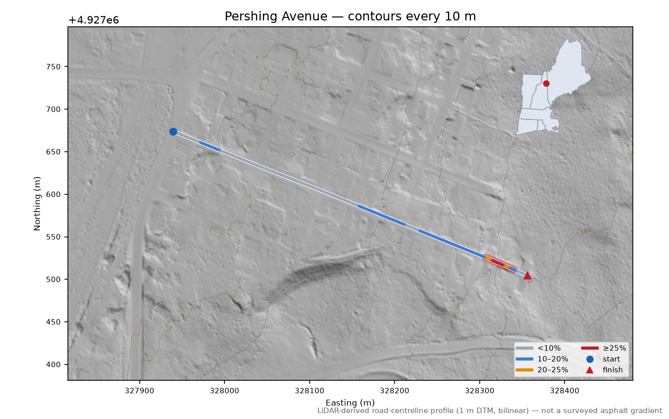 Pershing Avenue LiDAR hillshade map with contours