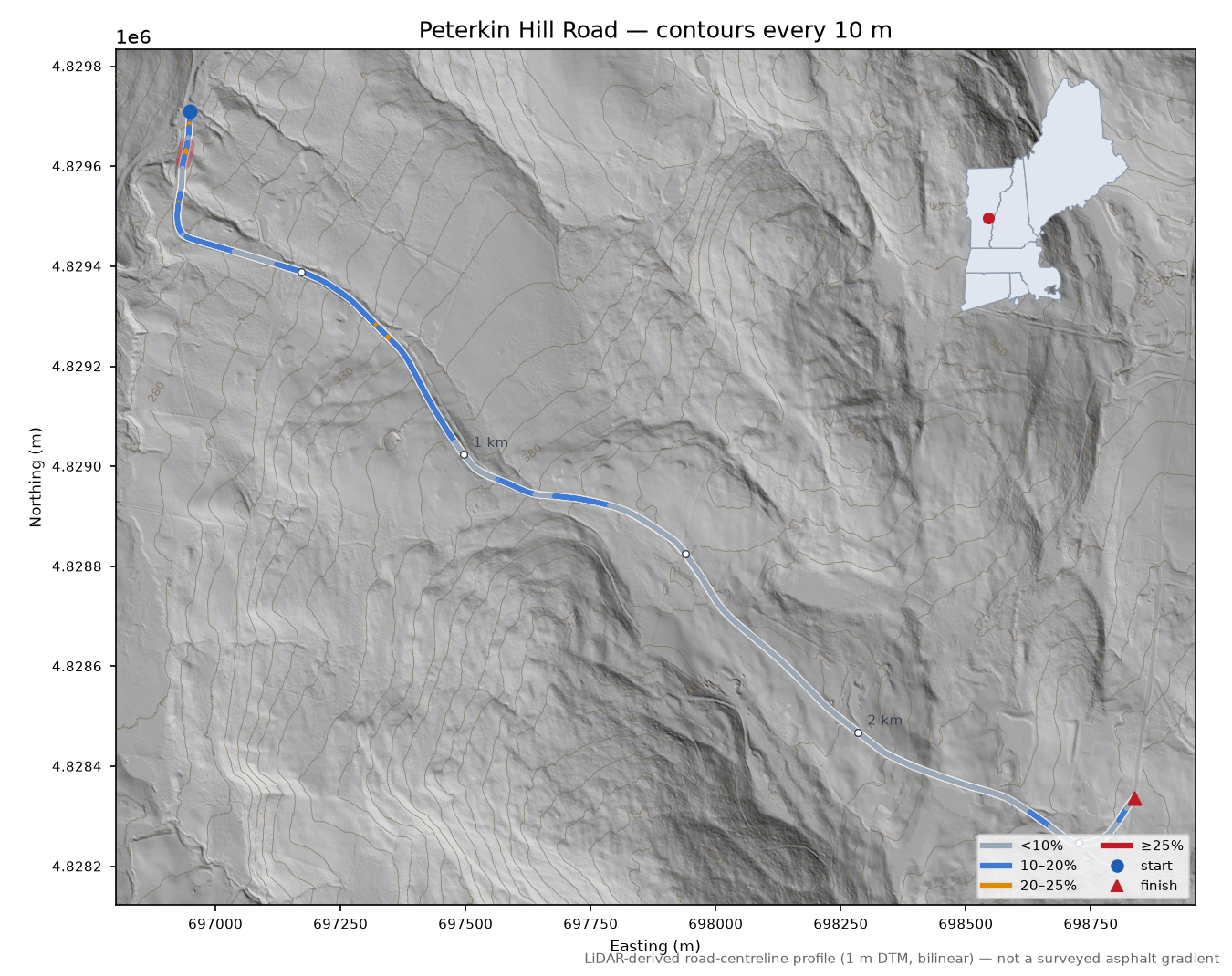 Peterkin Hill Road LiDAR hillshade map with contours