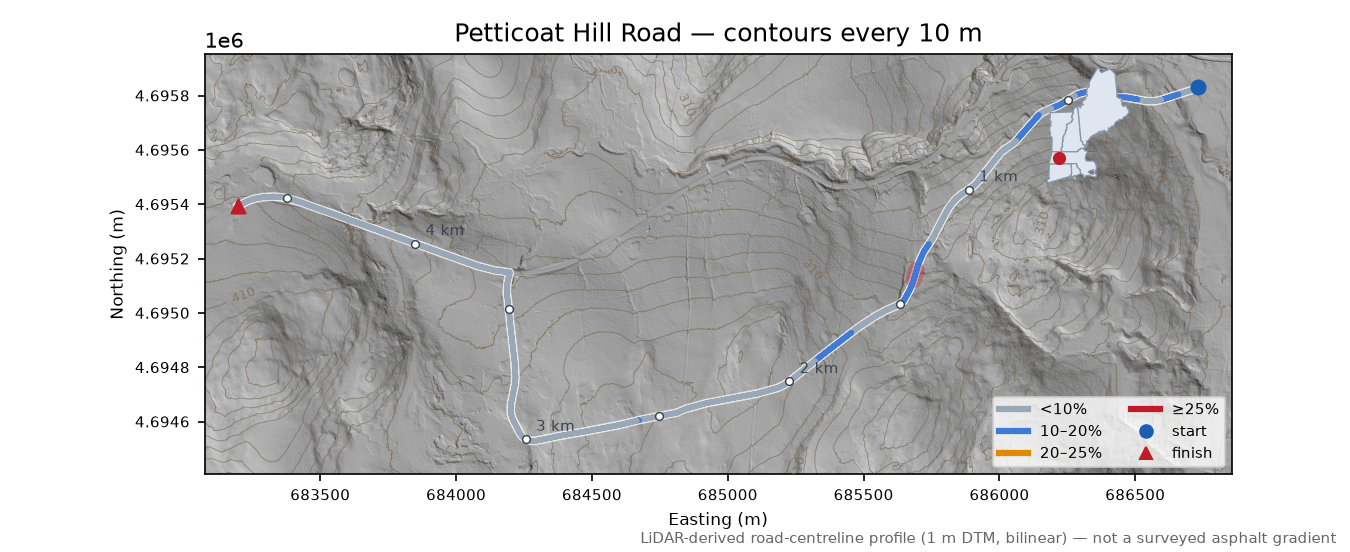 Petticoat Hill Road LiDAR hillshade map with contours