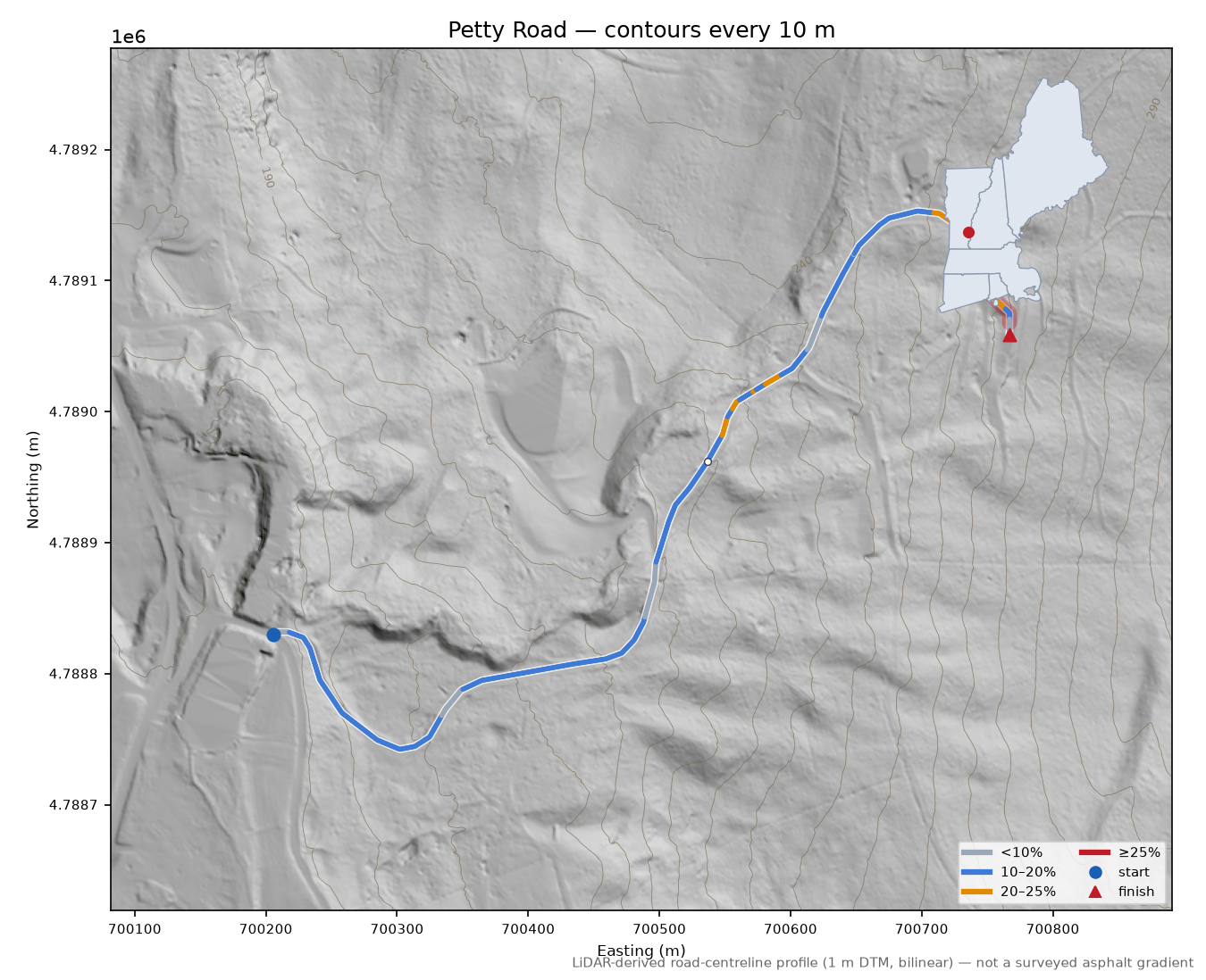 Petty Road LiDAR hillshade map with contours