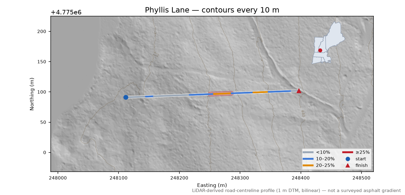 Phyllis Lane LiDAR hillshade map with contours